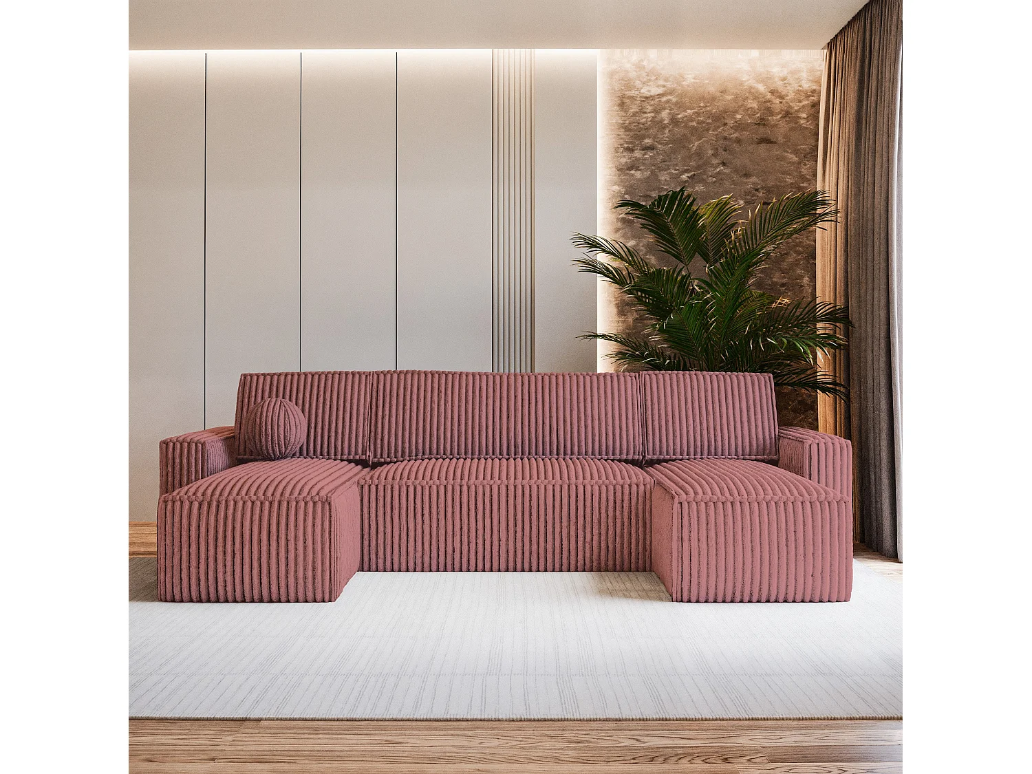 Canapé d'angle PESANO Rose poudré en velours côtelé avec fonction de couchage