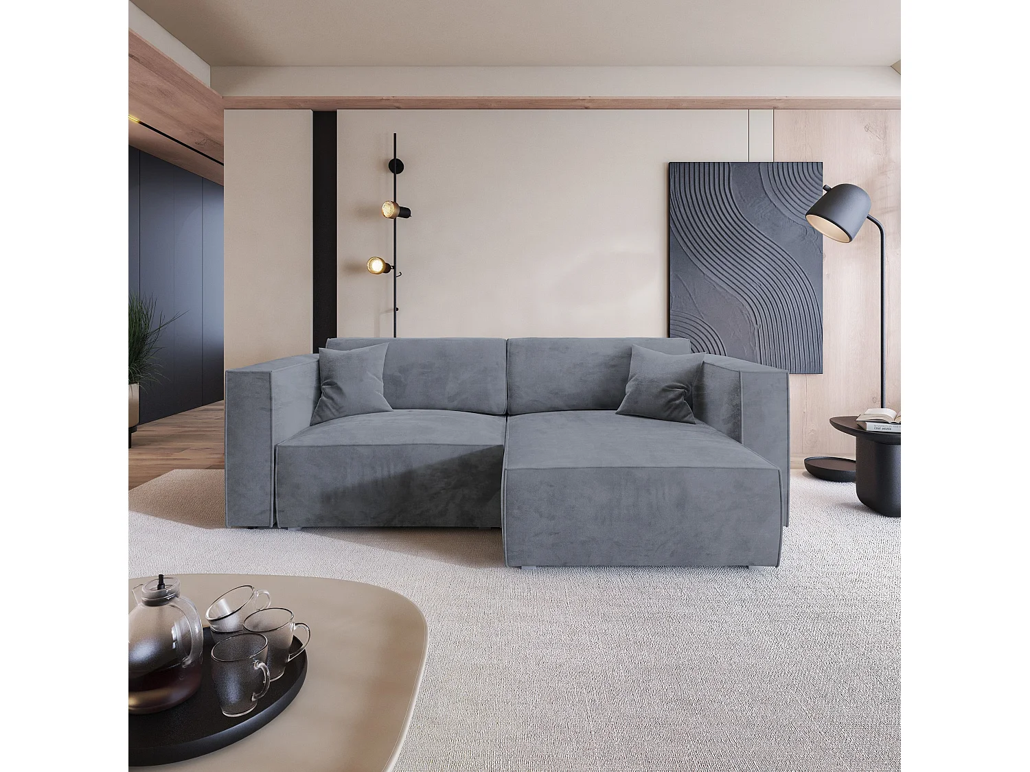 Canapé d'angle NERIO Gris en velours avec fonction de couchage