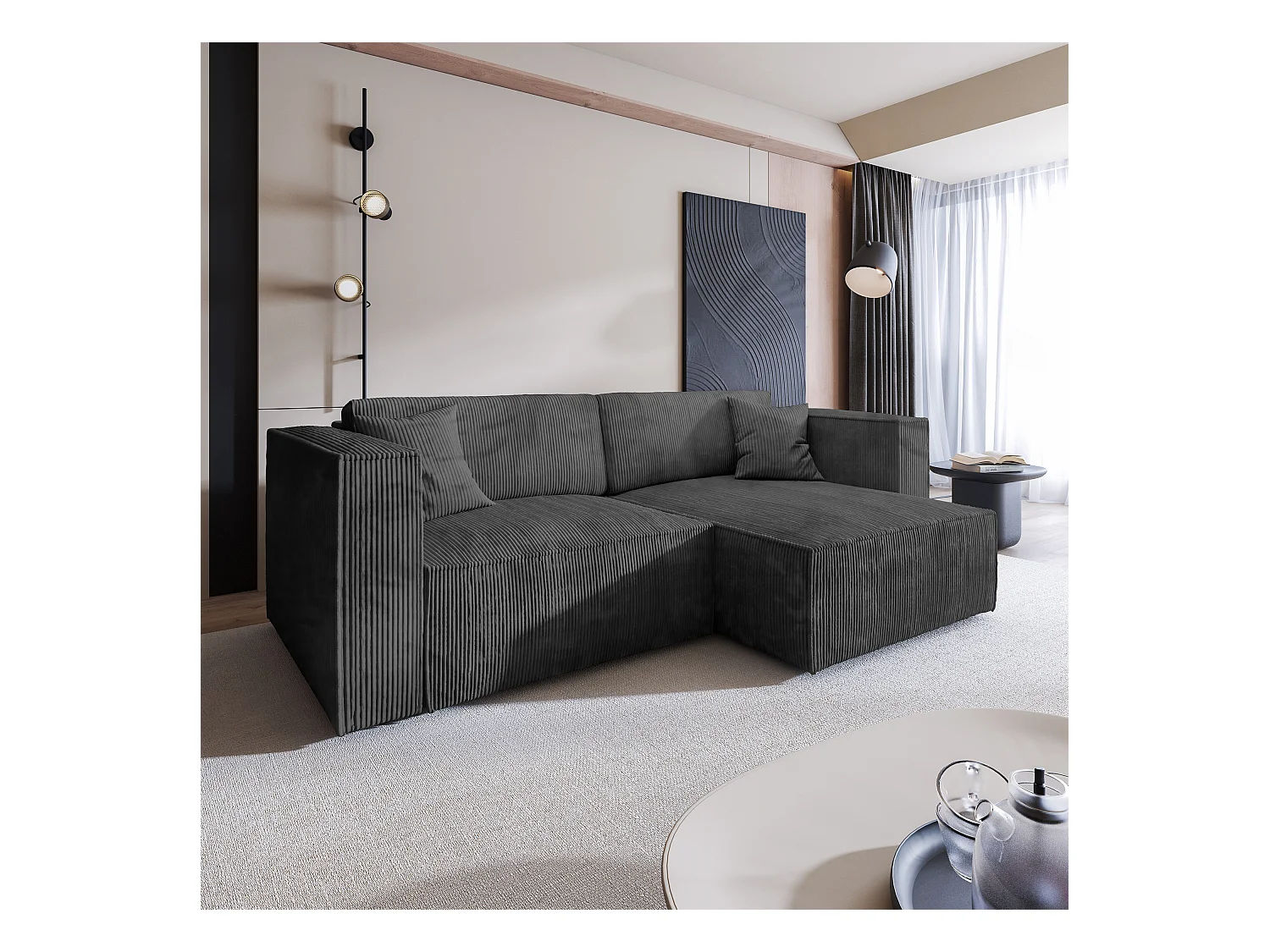 Canapé d'angle NERIO Gris anthracite en velours côtelé avec fonction de couchage