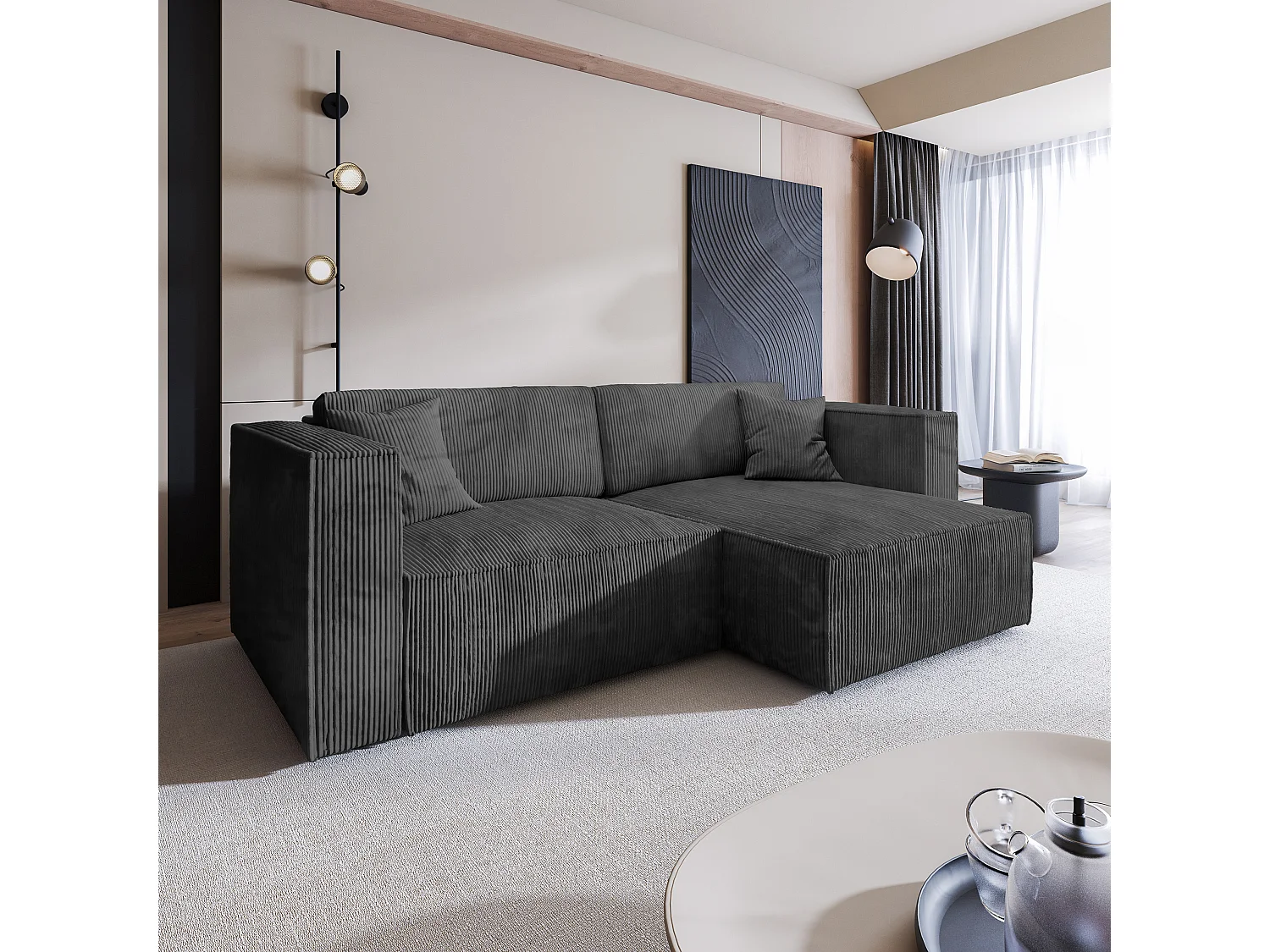 Canapé d'angle NERIO Gris anthracite en velours côtelé avec fonction de couchage