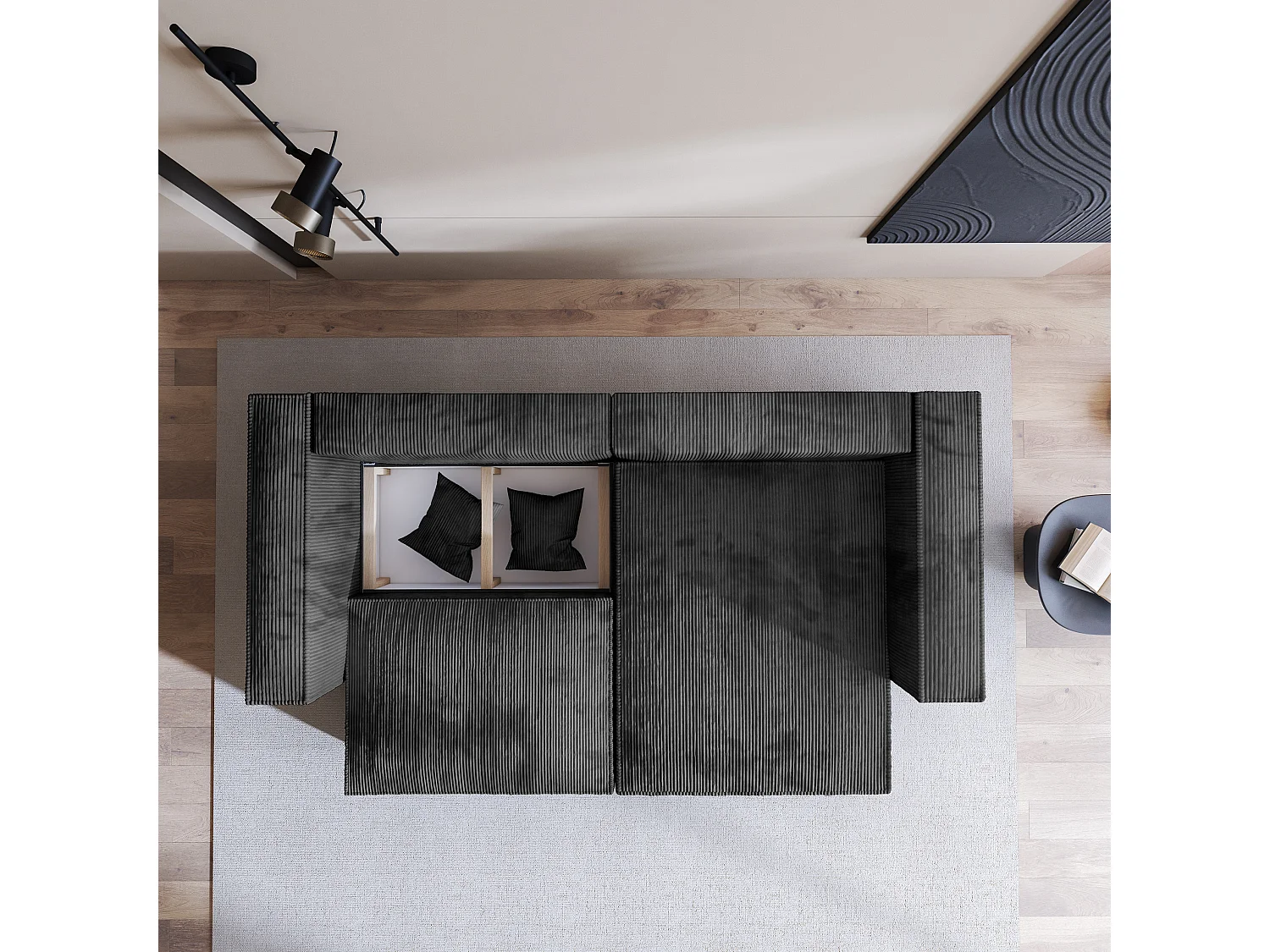 Canapé d'angle NERIO Gris anthracite en velours côtelé avec fonction de couchage