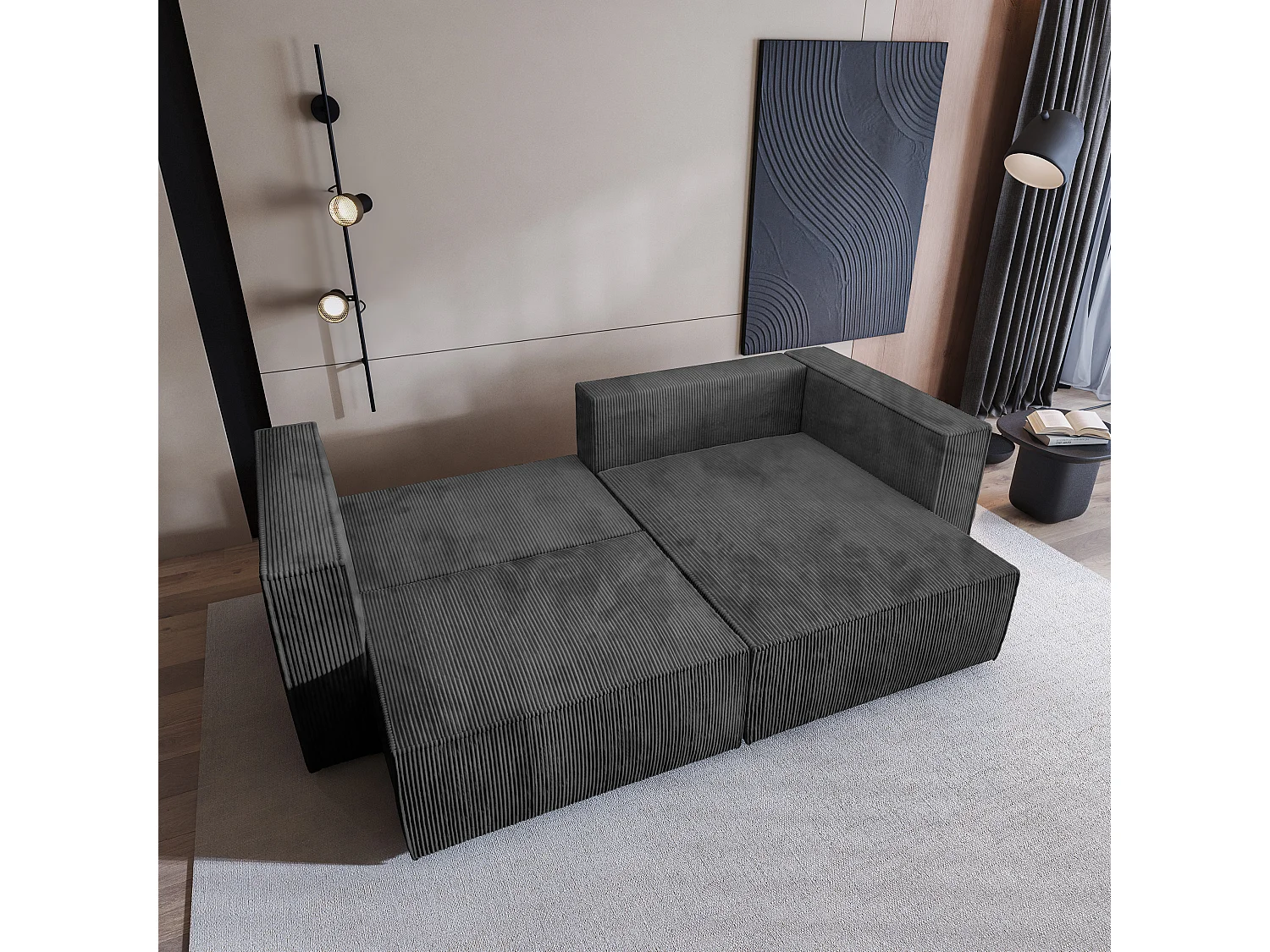 Canapé d'angle NERIO Gris anthracite en velours côtelé avec fonction de couchage