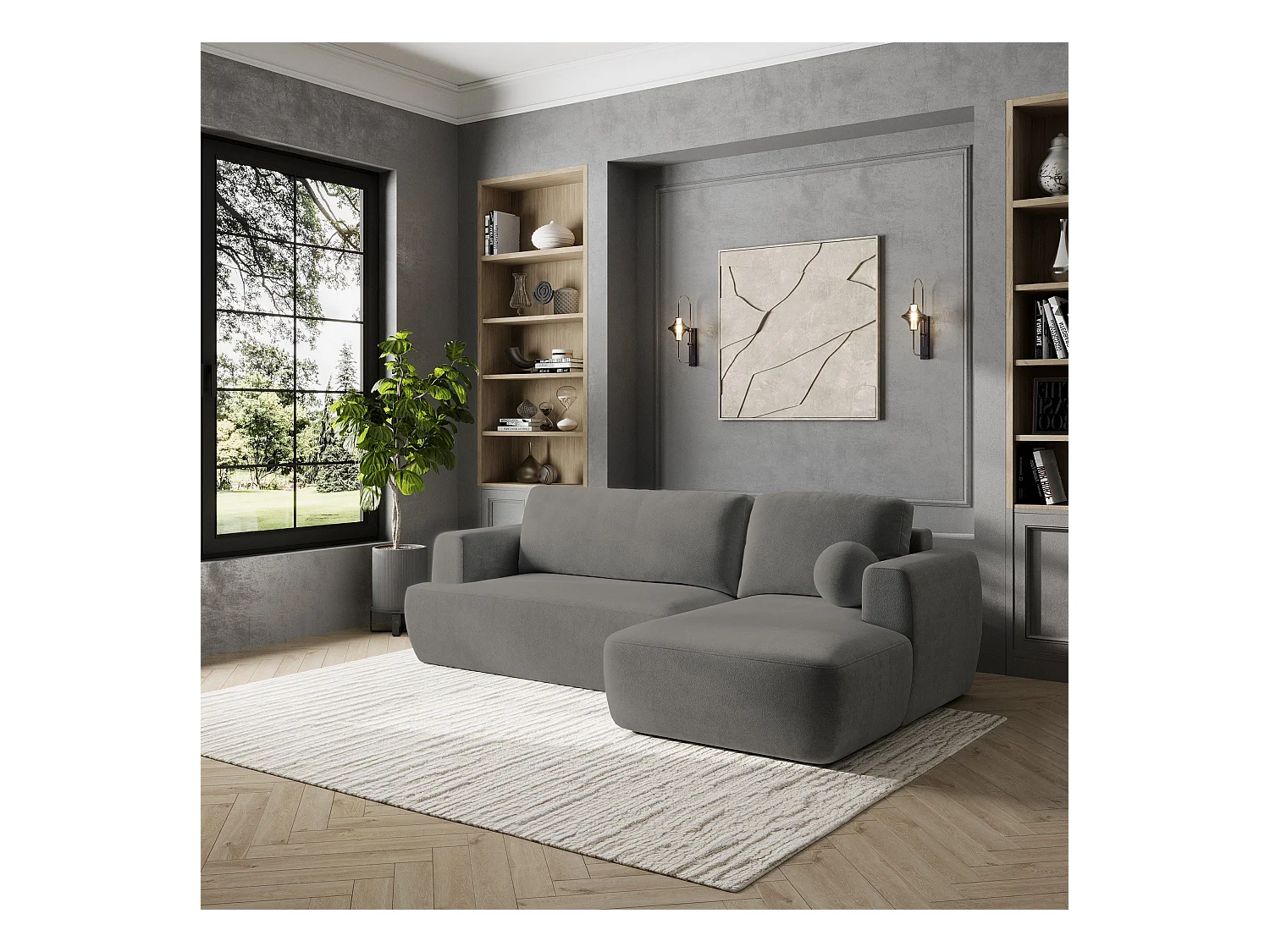 Canapé d'angle SENTI Gris en peluche avec fonction de couchage
