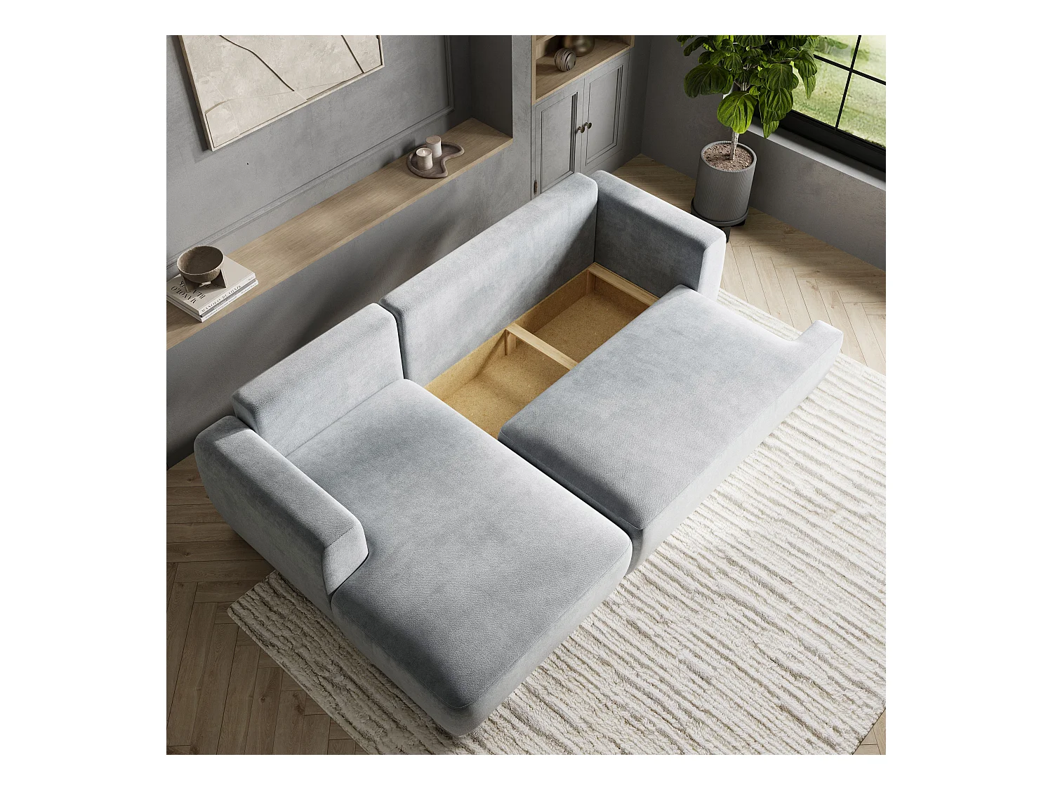 Canapé d'angle SENTI Gris en peluche avec fonction de couchage