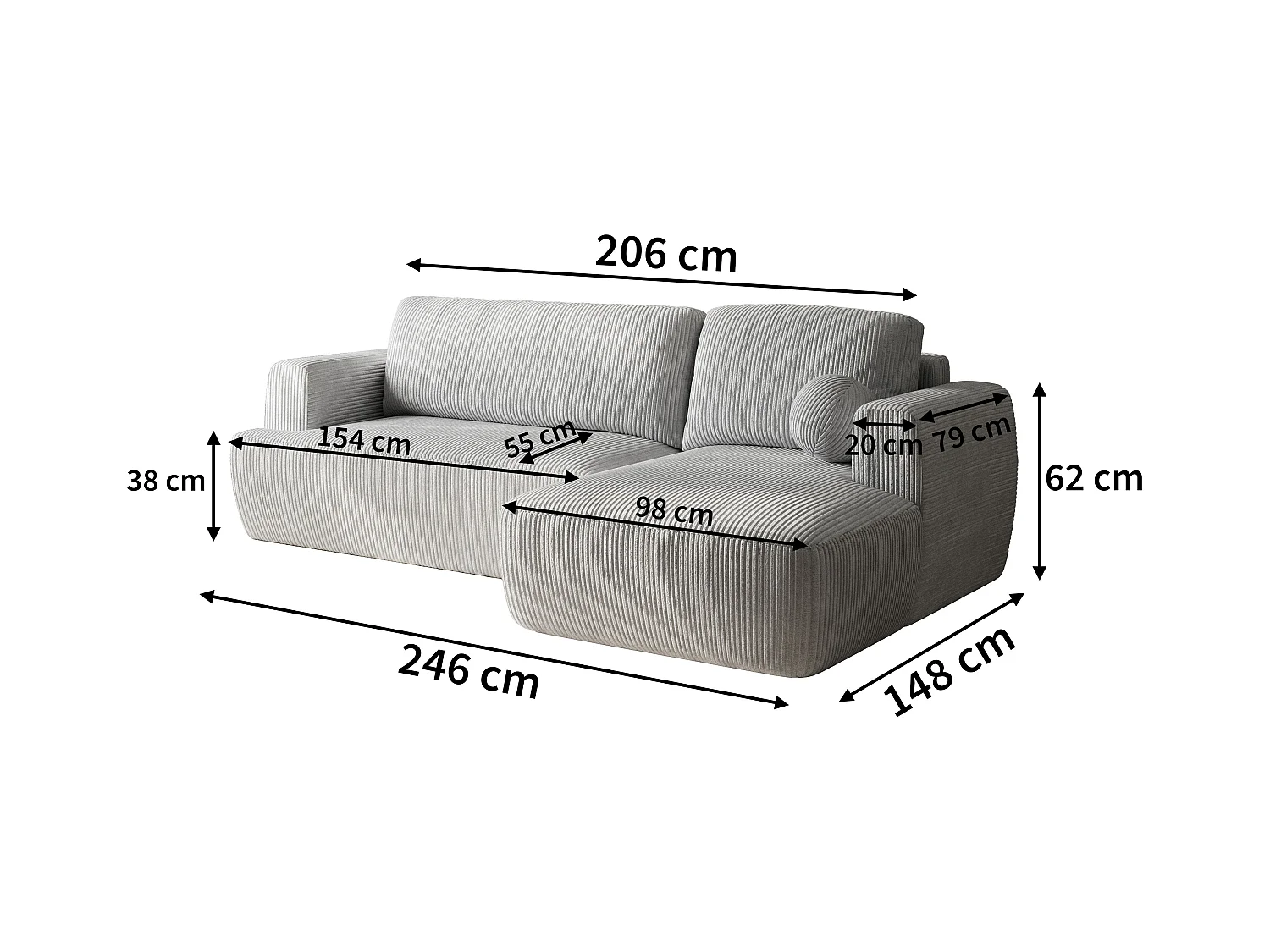 Canapé d'angle SENTI Gris en peluche avec fonction de couchage