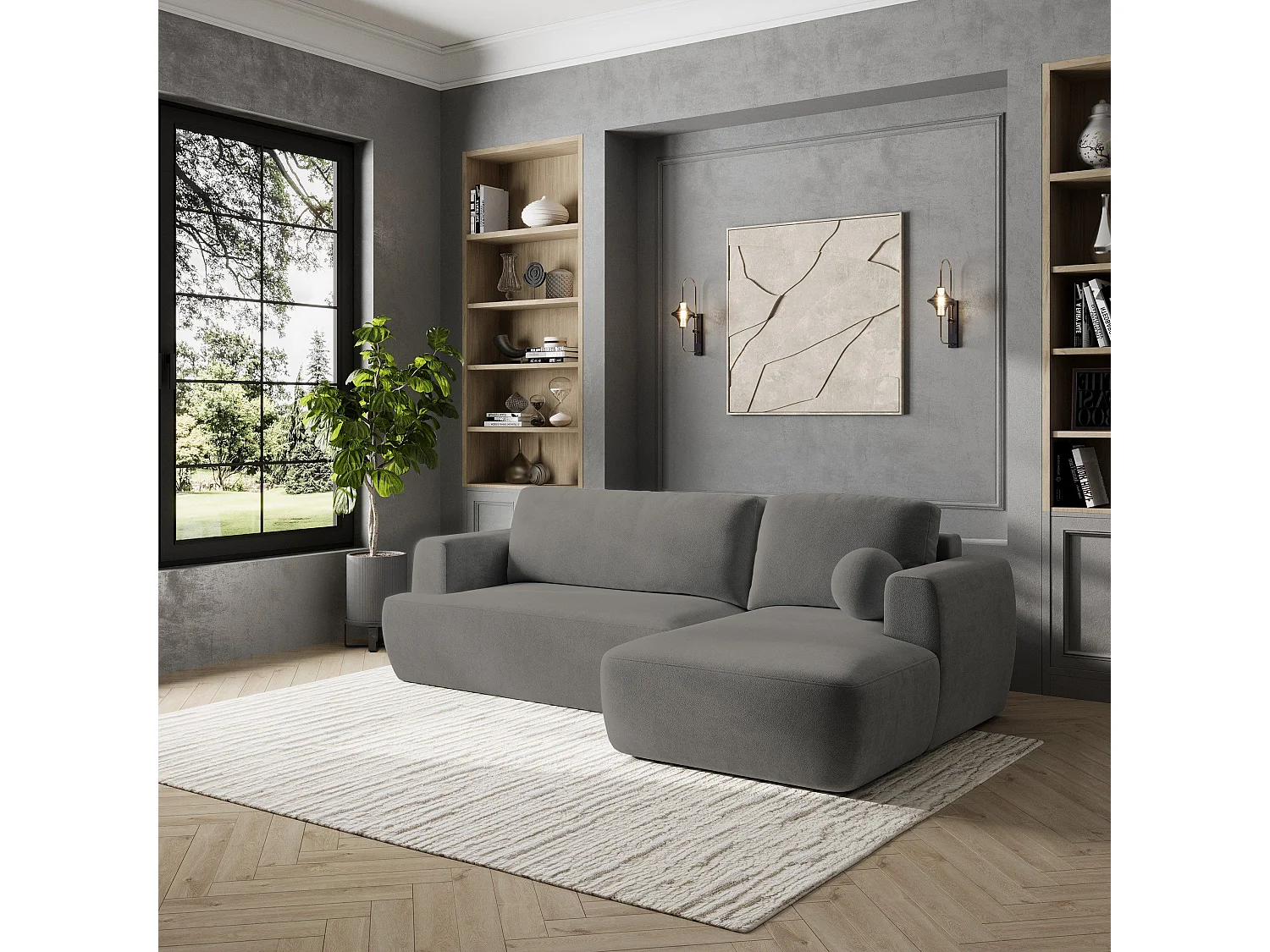 Canapé d'angle SENTI Gris en peluche avec fonction de couchage