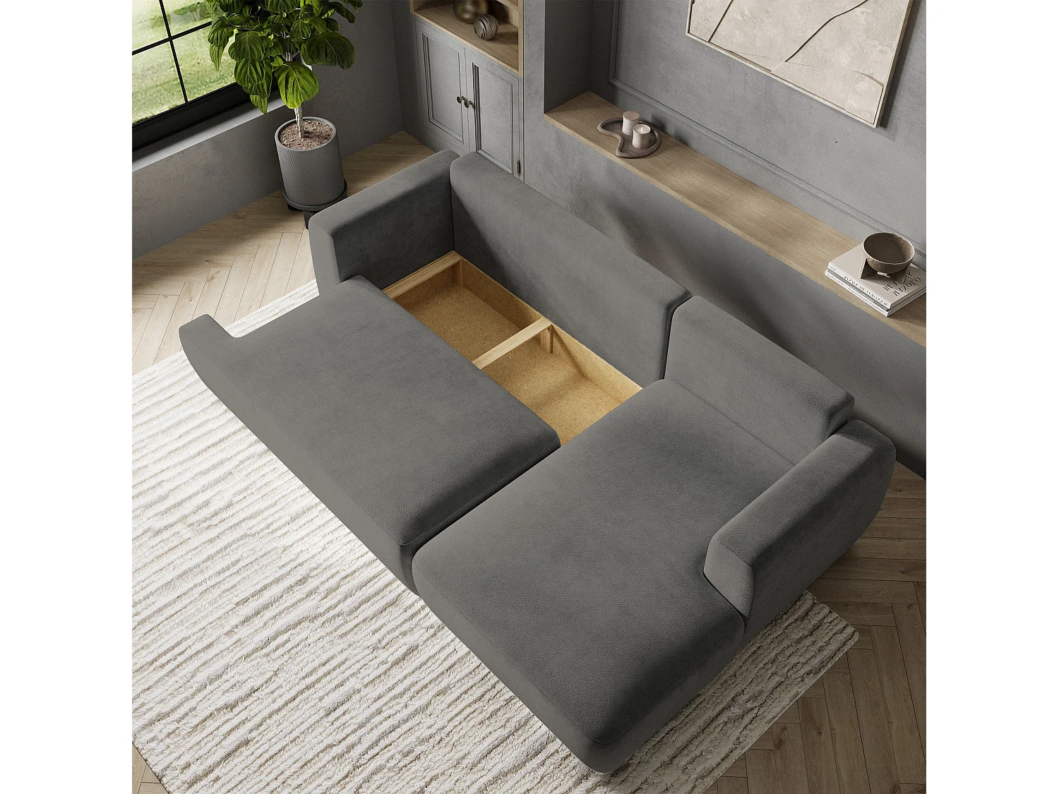 Canapé d'angle SENTI Gris en peluche avec fonction de couchage