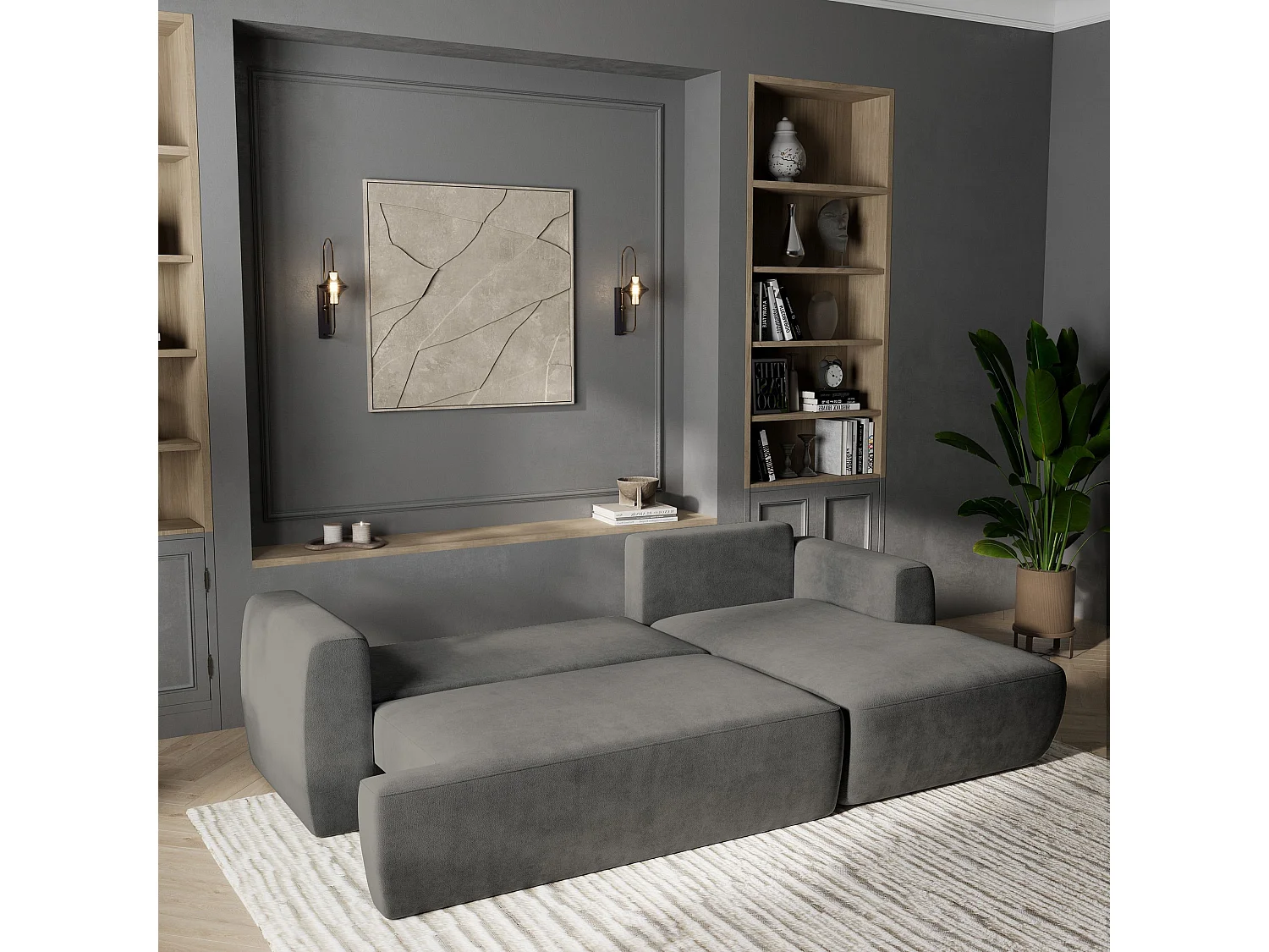 Canapé d'angle SENTI Gris en peluche avec fonction de couchage