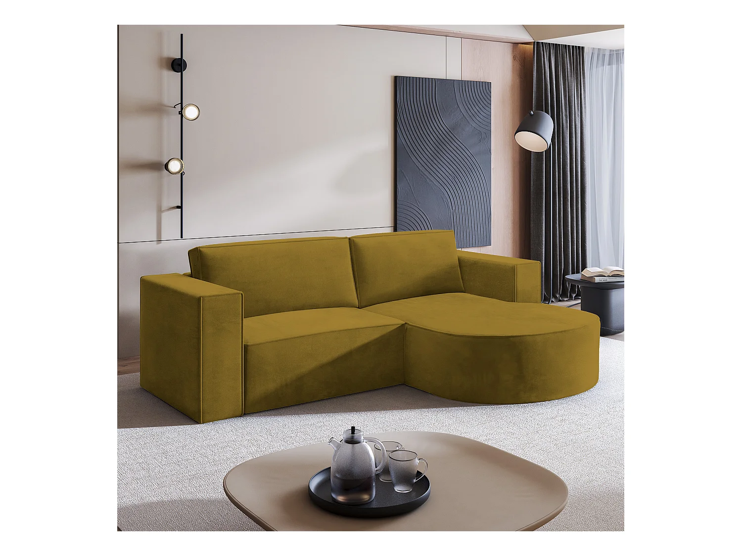 Canapé d'angle SORELA Jaune en velours avec fonction de couchage