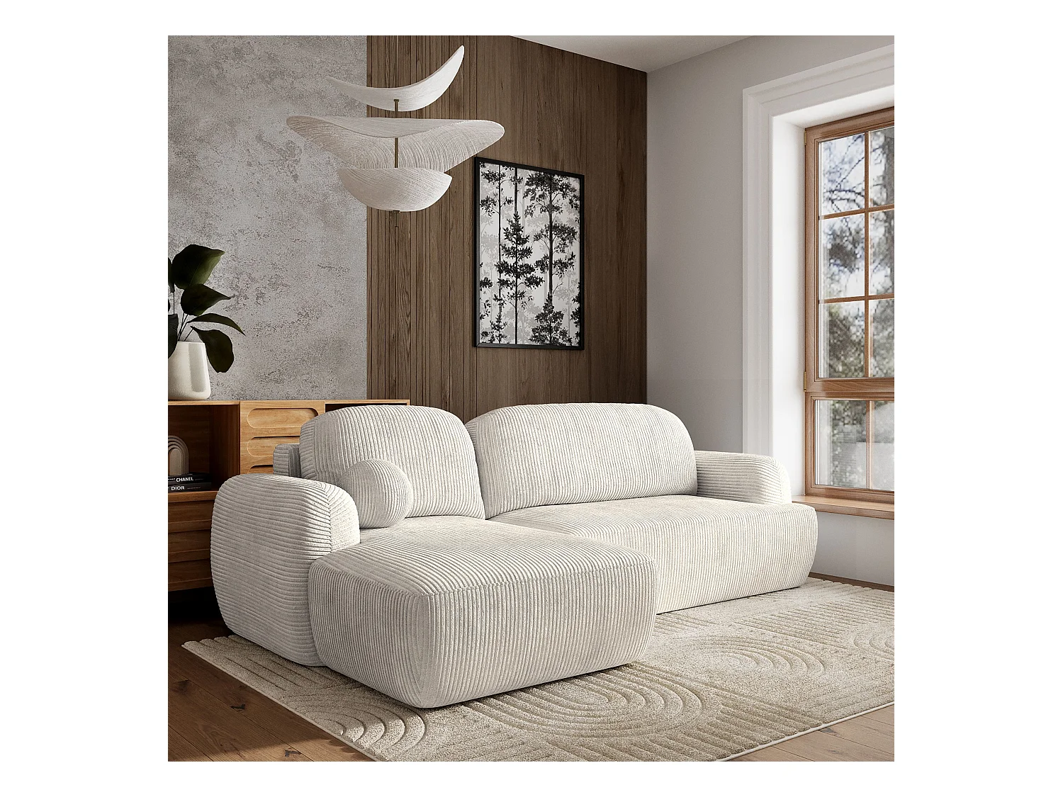 Canapé d'angle MODENZA Crème en velours côtelé avec fonction de couchage