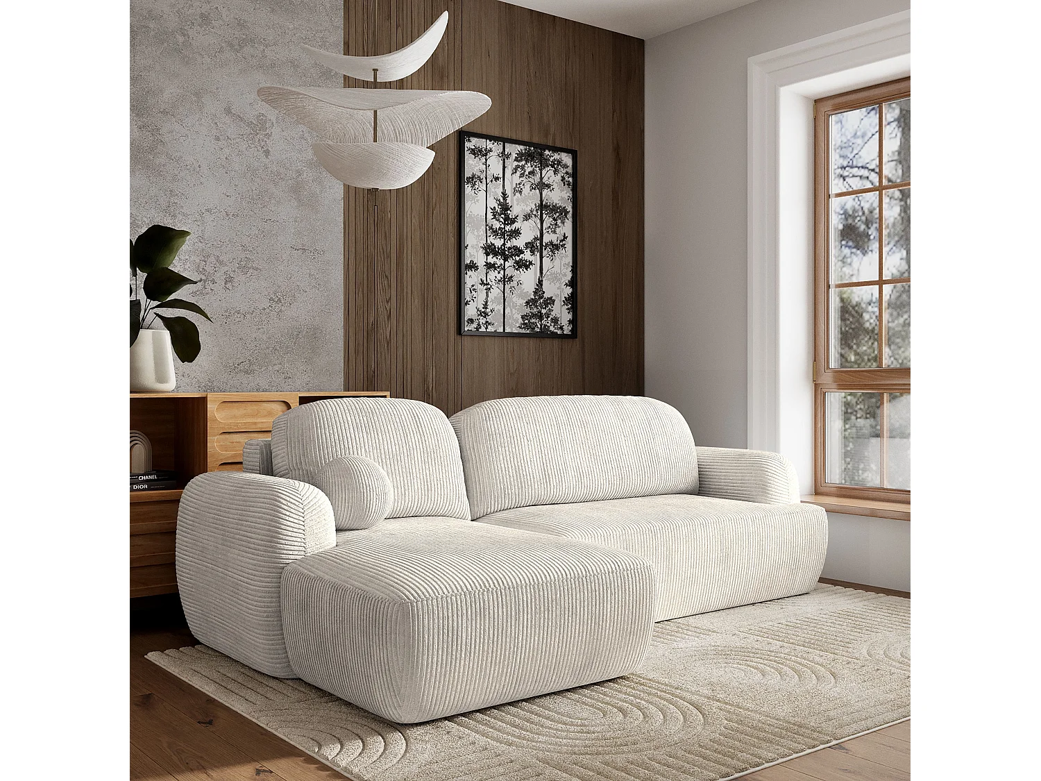 Canapé d'angle MODENZA Crème en velours côtelé avec fonction de couchage