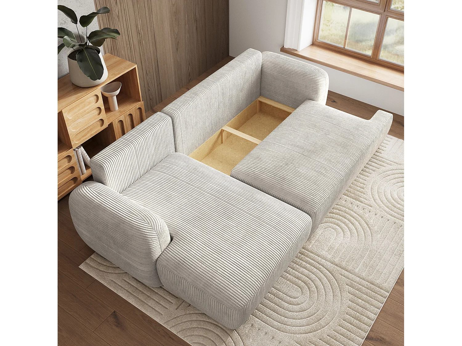 Canapé d'angle MODENZA Crème en velours côtelé avec fonction de couchage