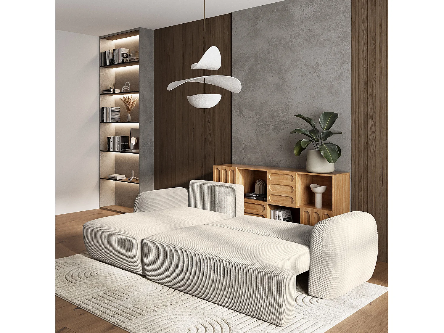 Canapé d'angle MODENZA Crème en velours côtelé avec fonction de couchage