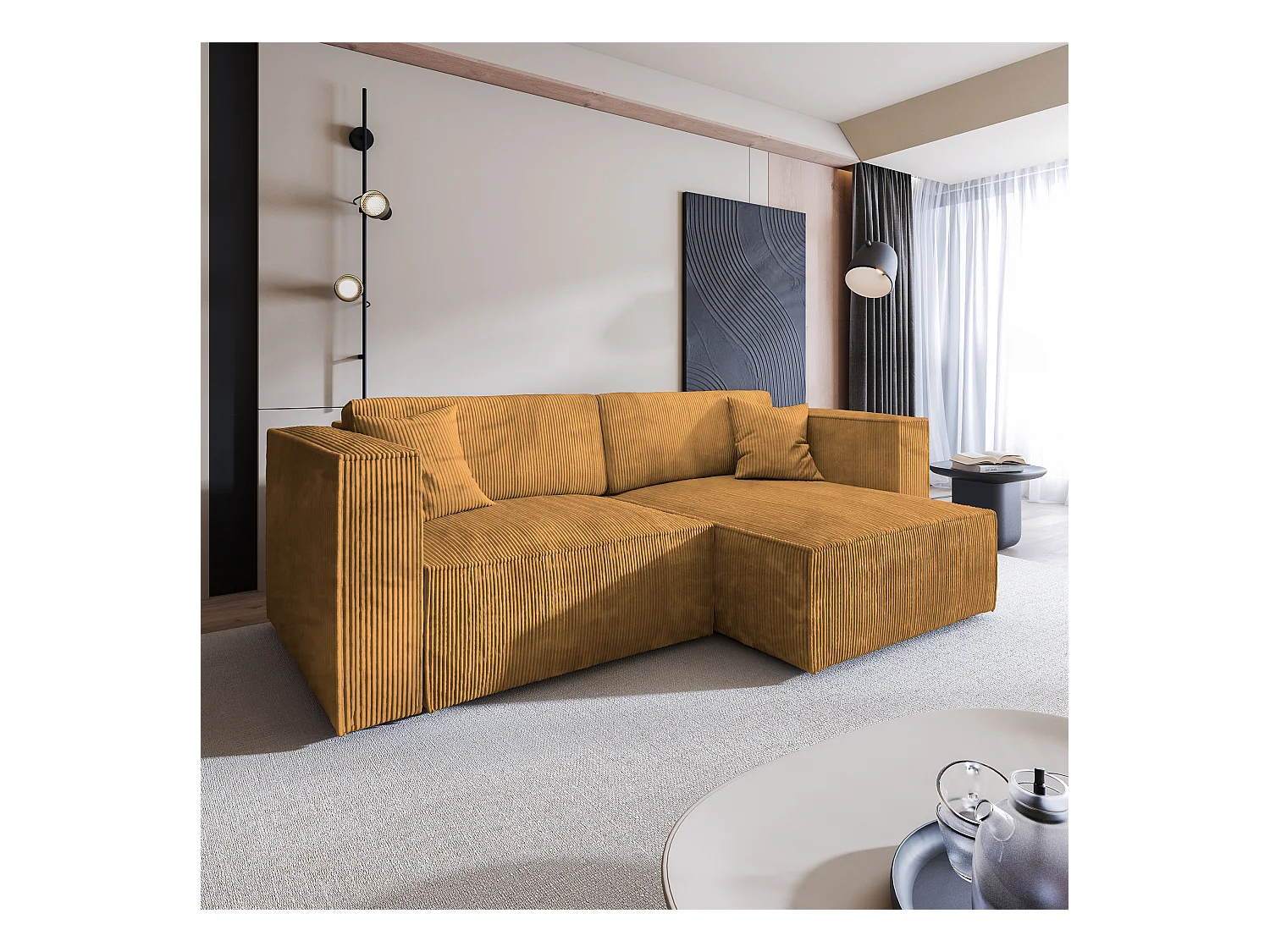 Canapé d'angle NERIO Jaune en velours côtelé avec fonction de couchage