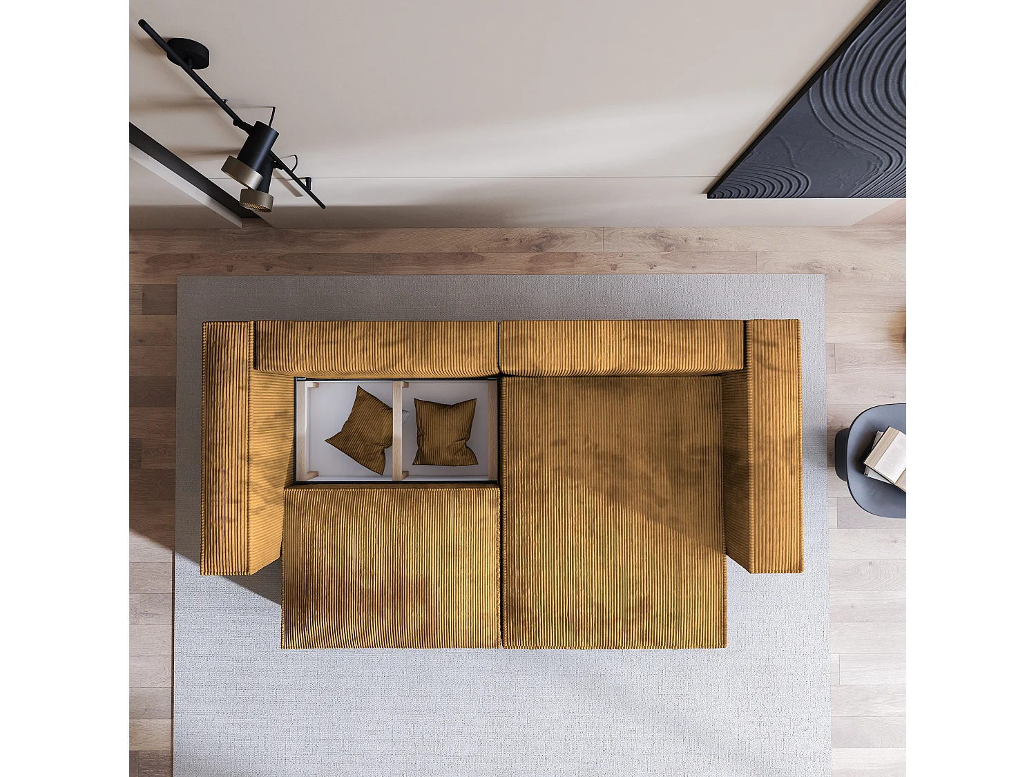 Canapé d'angle NERIO Jaune en velours côtelé avec fonction de couchage