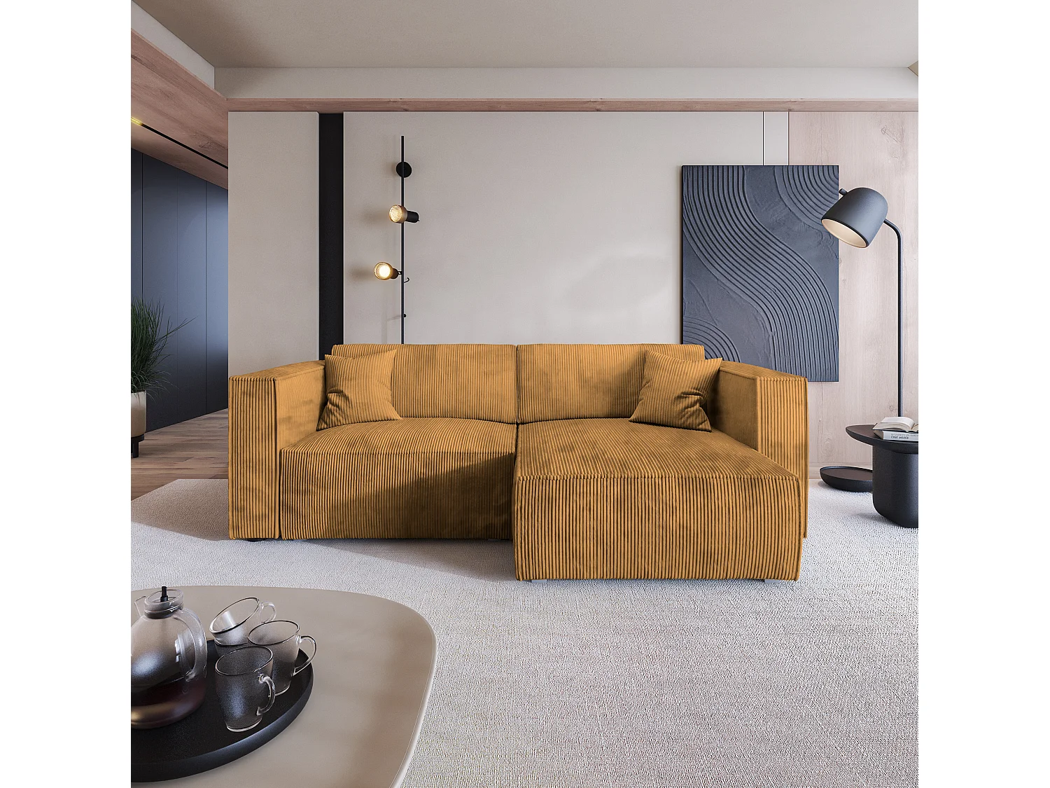 Canapé d'angle NERIO Jaune en velours côtelé avec fonction de couchage