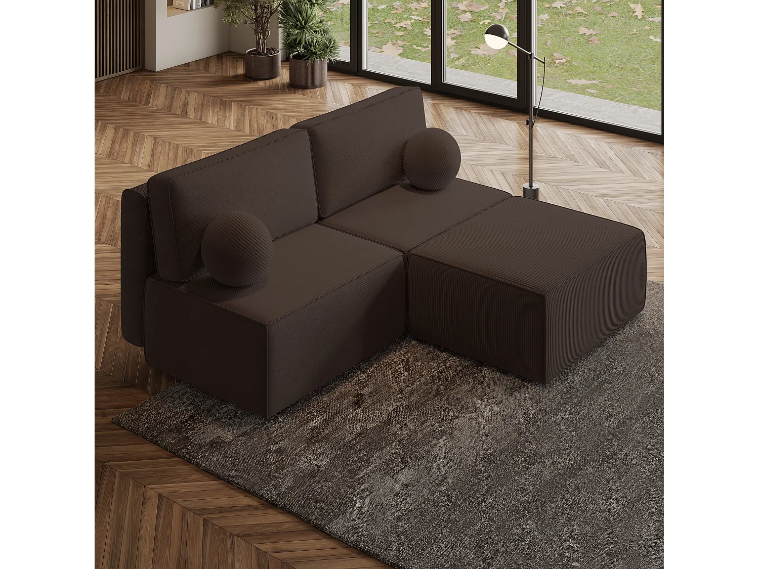 Canapé d'angle VARNA Marron en velours côtelé avec fonction de couchage