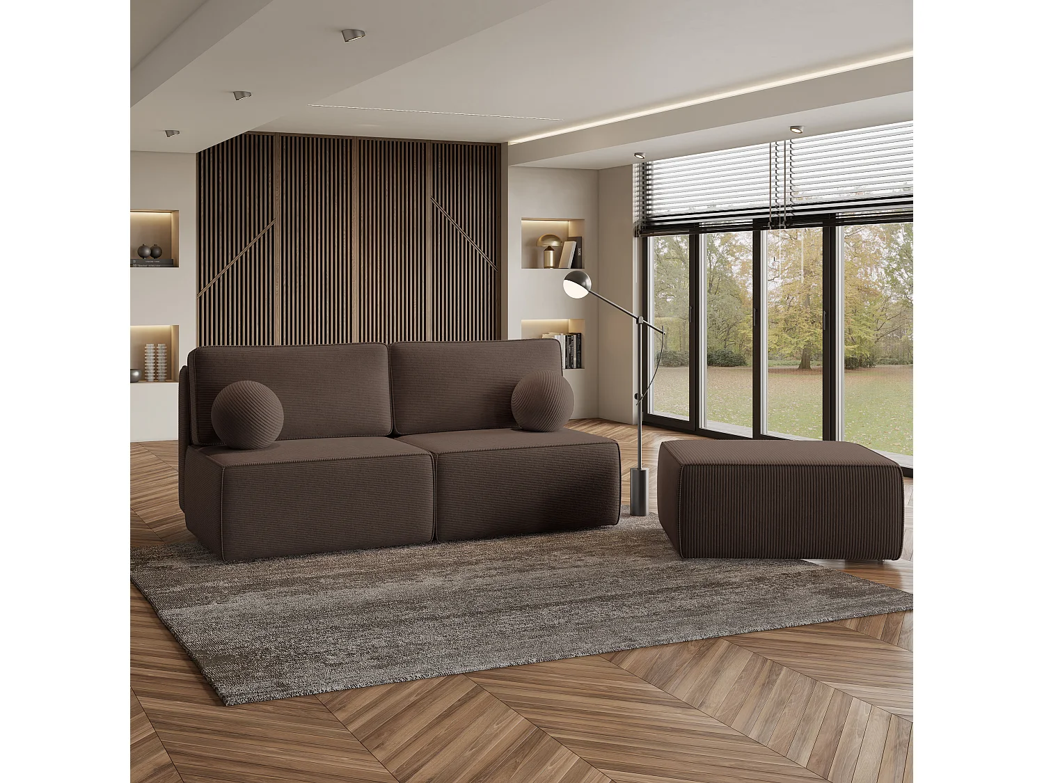 Canapé d'angle VARNA Marron en velours côtelé avec fonction de couchage