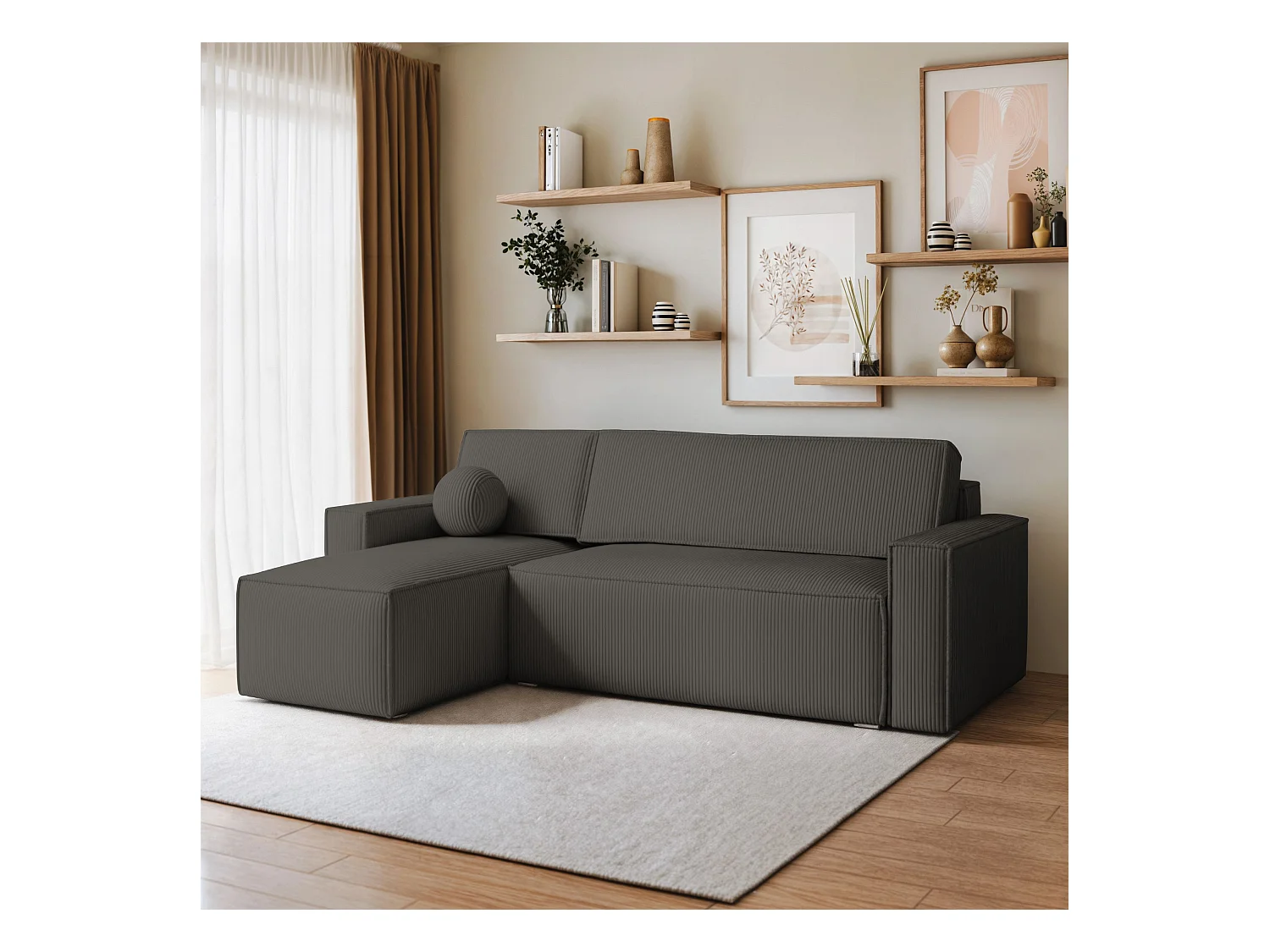 Canapé d'angle RAVELO Gris anthracite en velours côtelé avec fonction de couchage