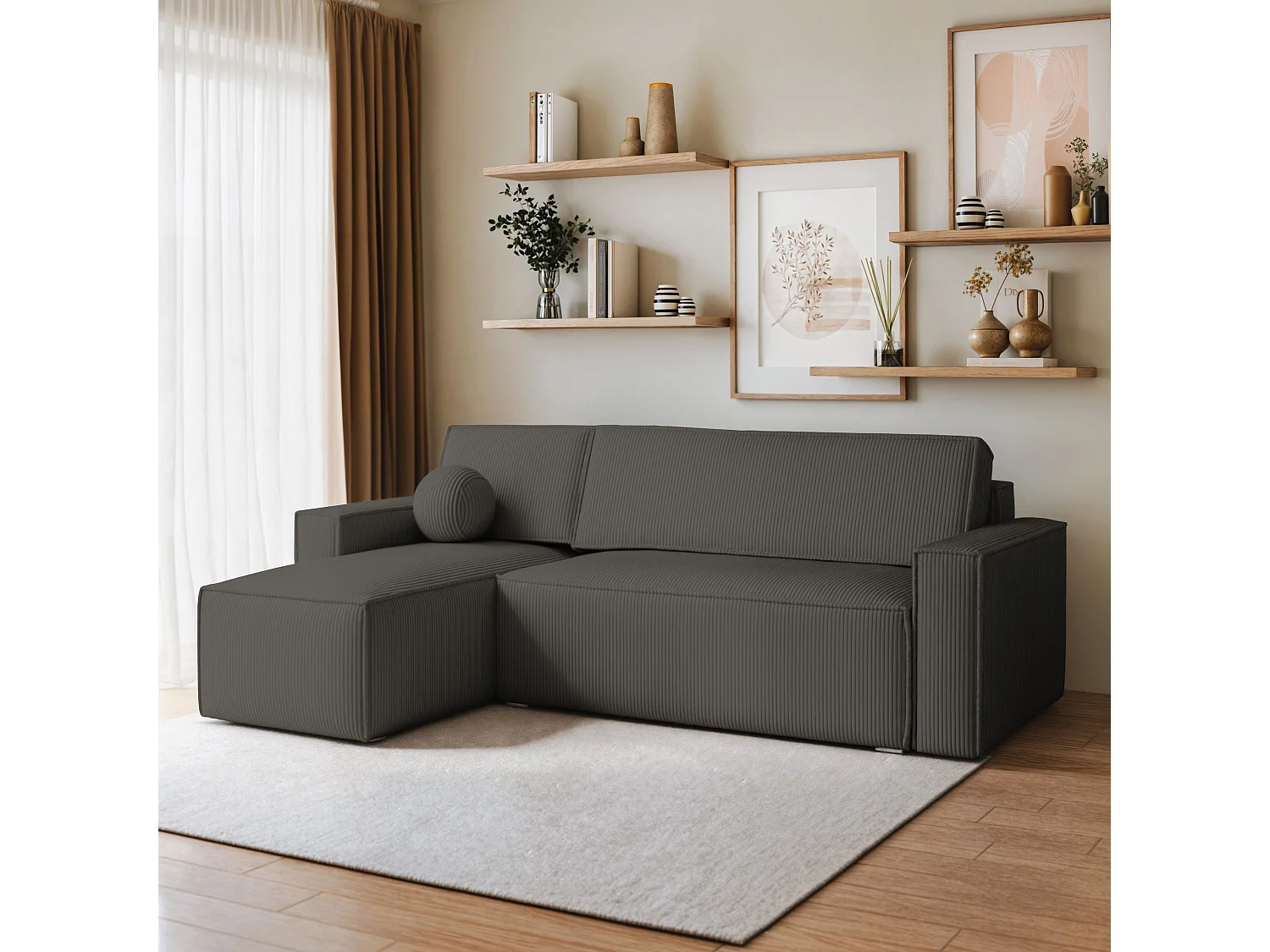 Canapé d'angle RAVELO Gris anthracite en velours côtelé avec fonction de couchage