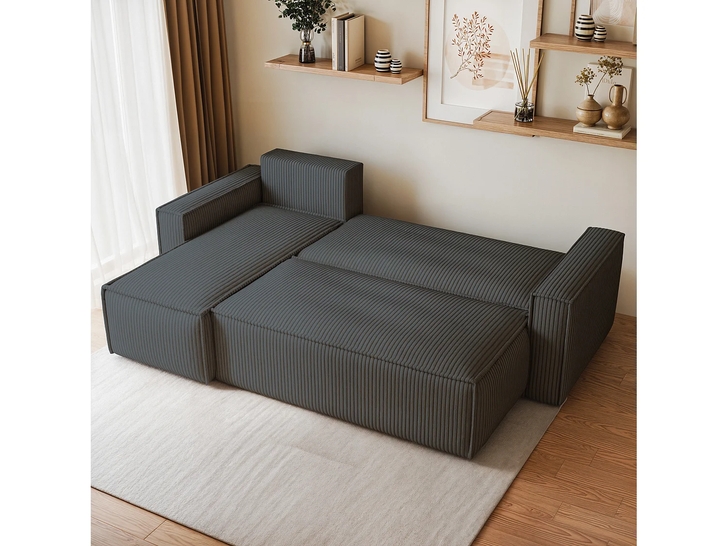 Canapé d'angle RAVELO Gris anthracite en velours côtelé avec fonction de couchage