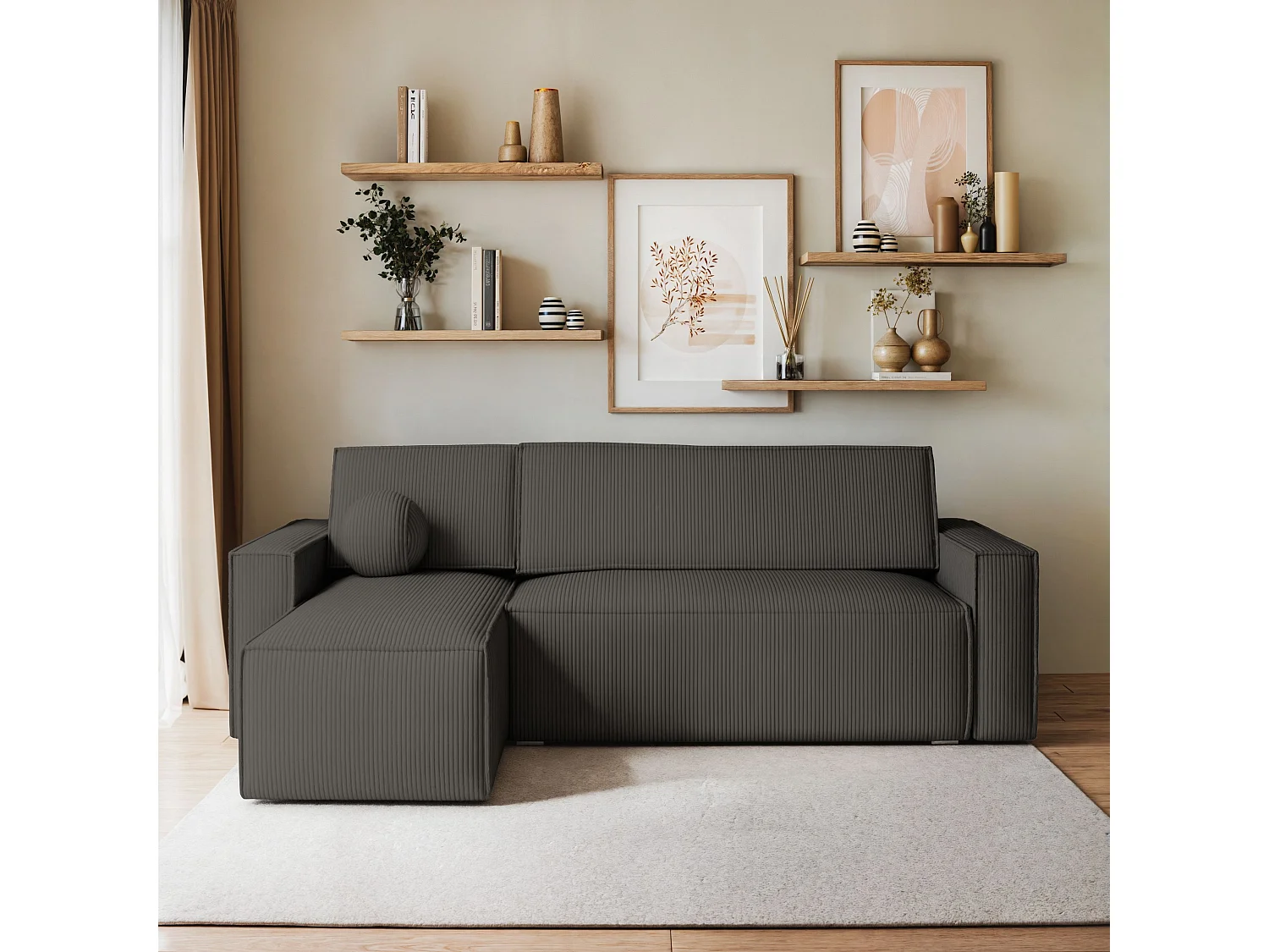 Canapé d'angle RAVELO Gris anthracite en velours côtelé avec fonction de couchage