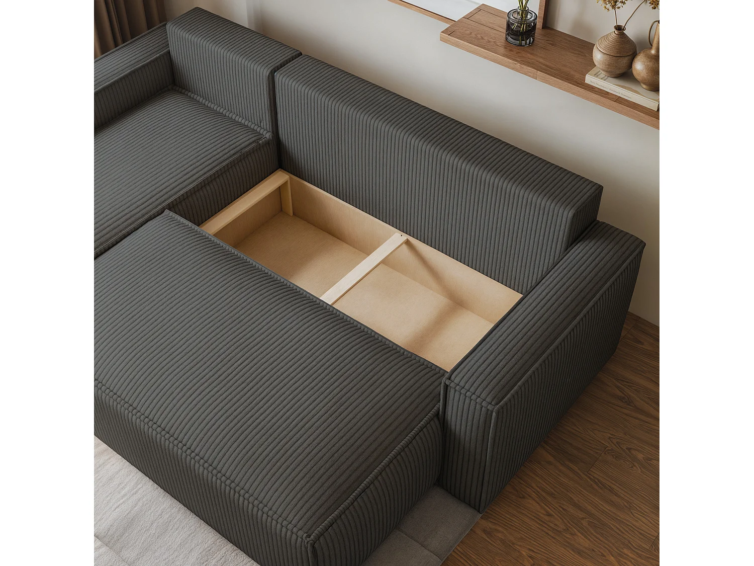 Canapé d'angle RAVELO Gris anthracite en velours côtelé avec fonction de couchage