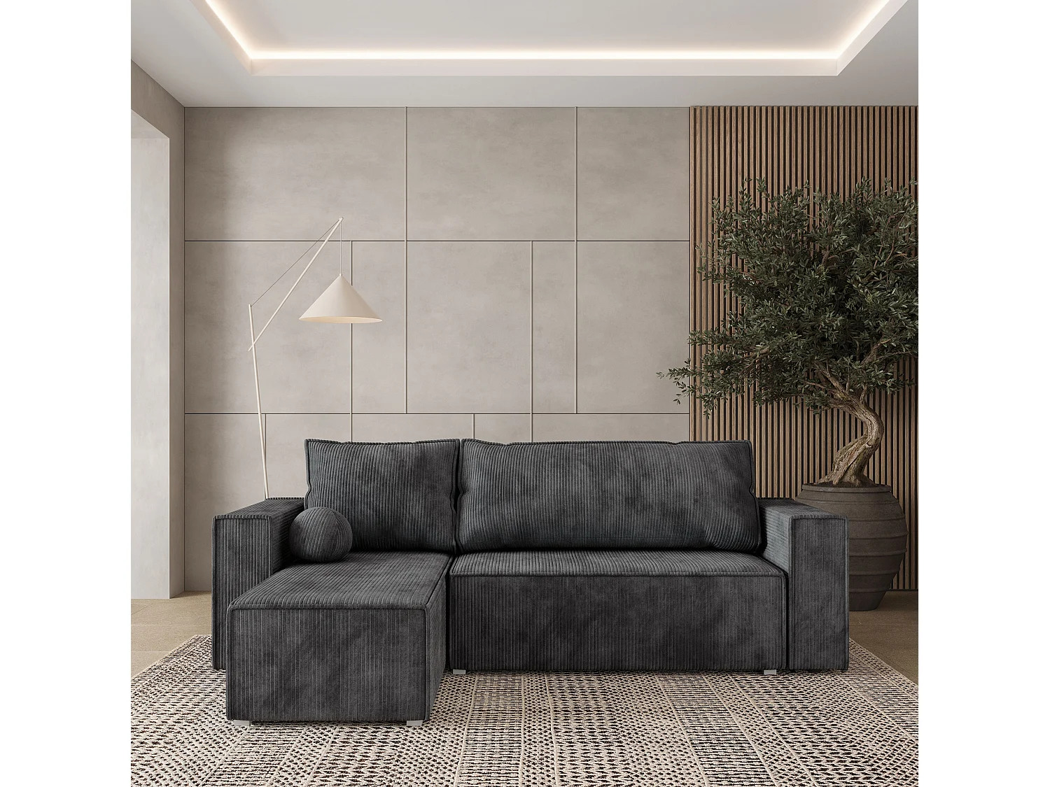 Canapé d'angle RAVELO Gris anthracite en velours côtelé avec fonction de couchage