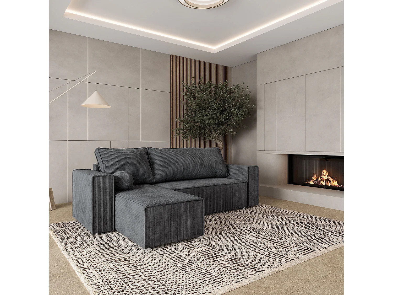 Canapé d'angle RAVELO Gris anthracite en velours côtelé avec fonction de couchage