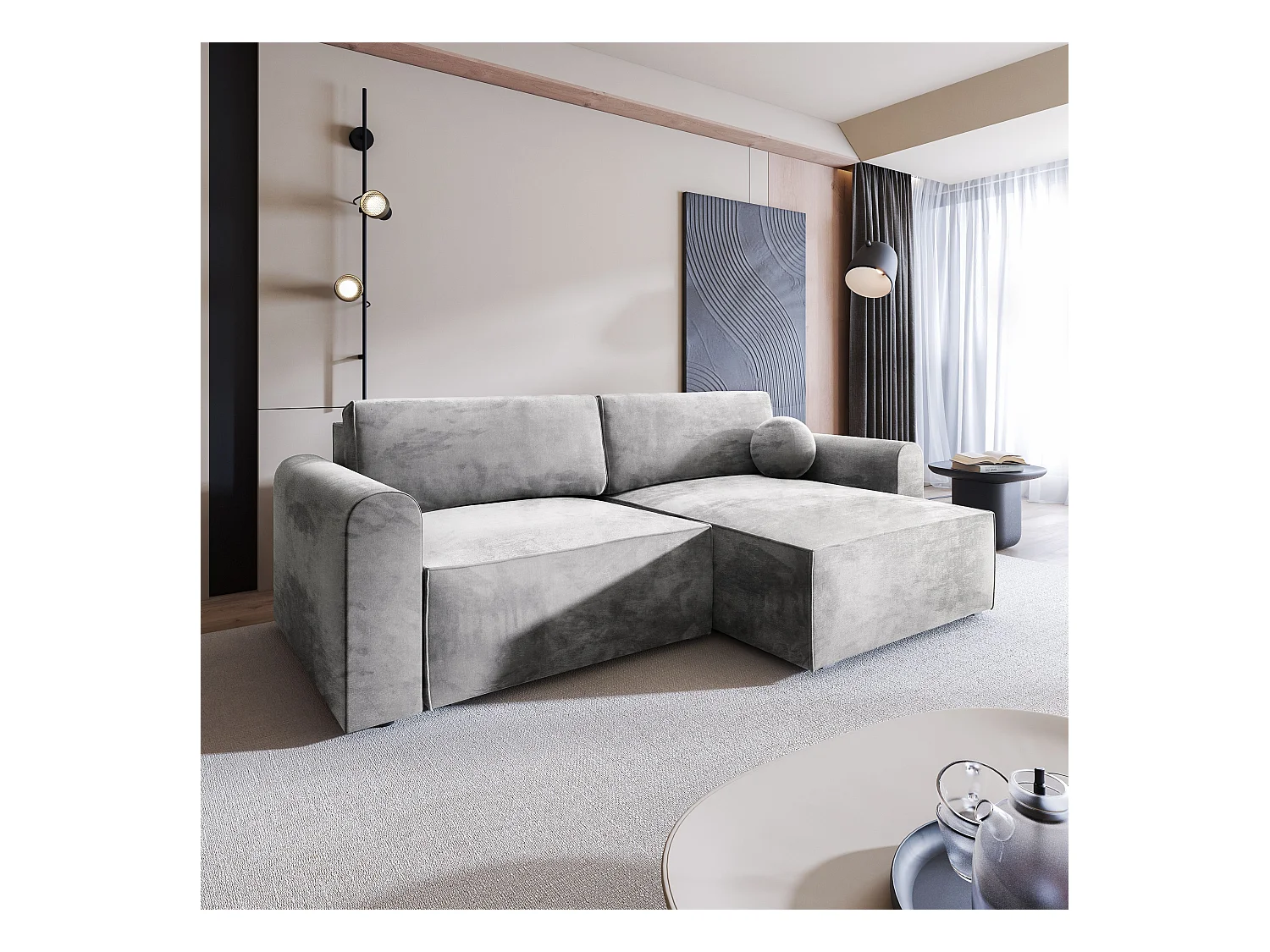 Canapé d'angle FIANO Gris clair en velours avec fonction de couchage