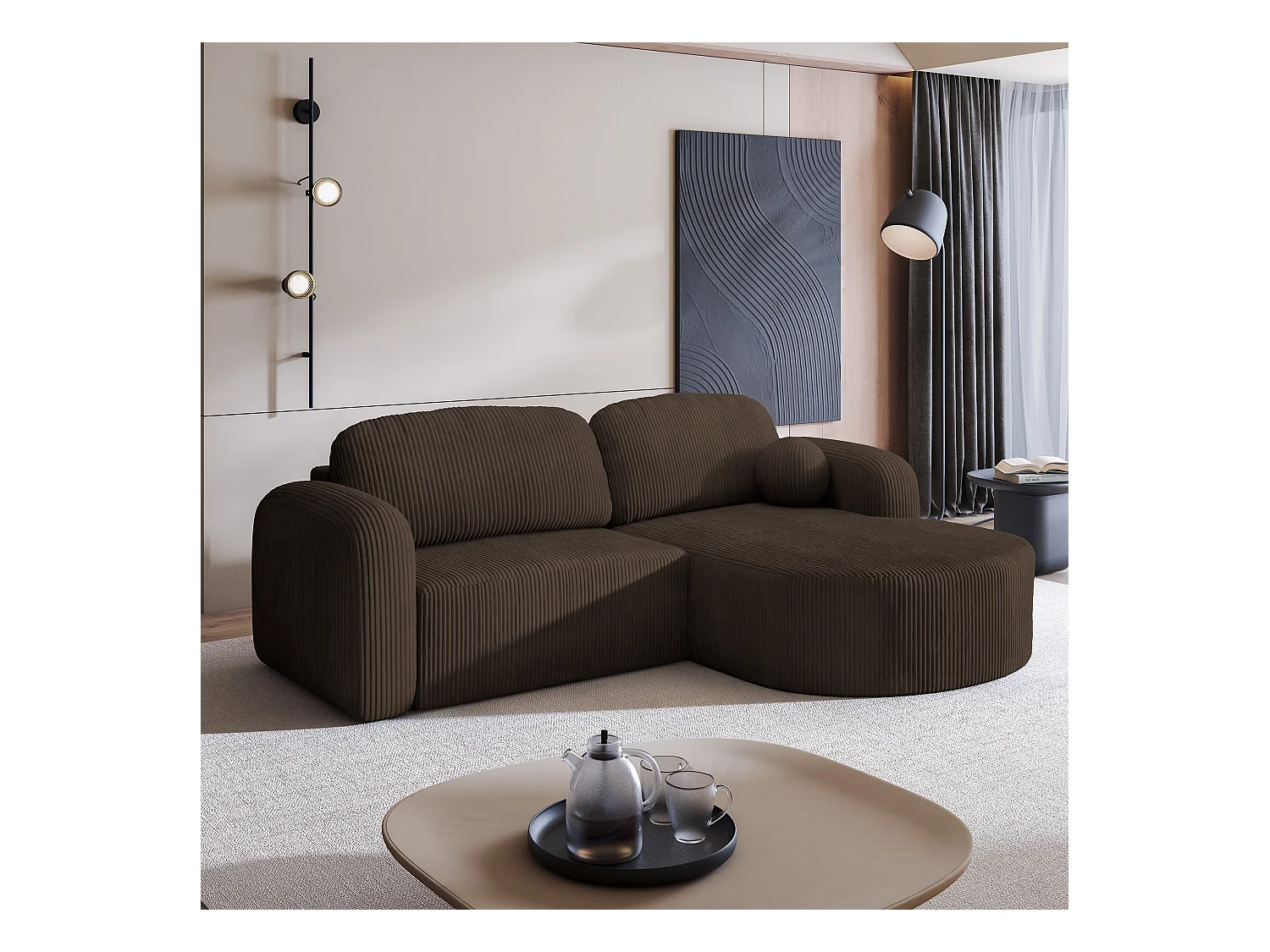 Canapé d'angle AMILIA Marron en velours côtelé avec fonction de couchage