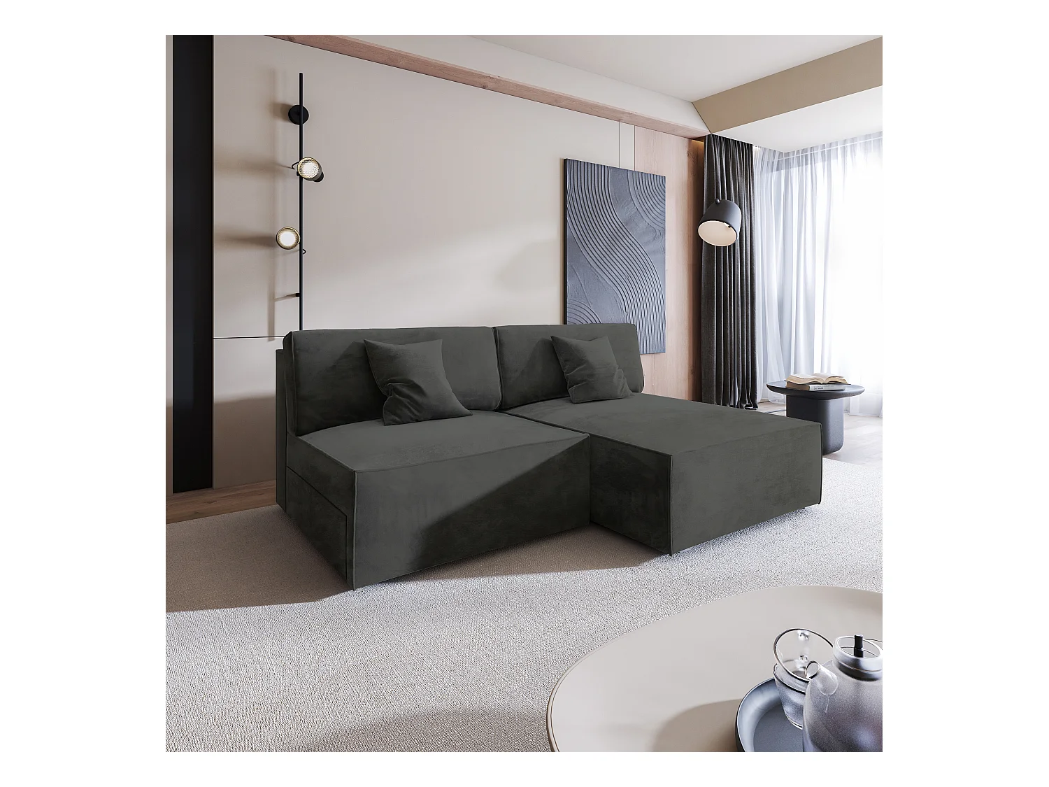 Canapé d'angle FIORO Noir en velours avec fonction de couchage