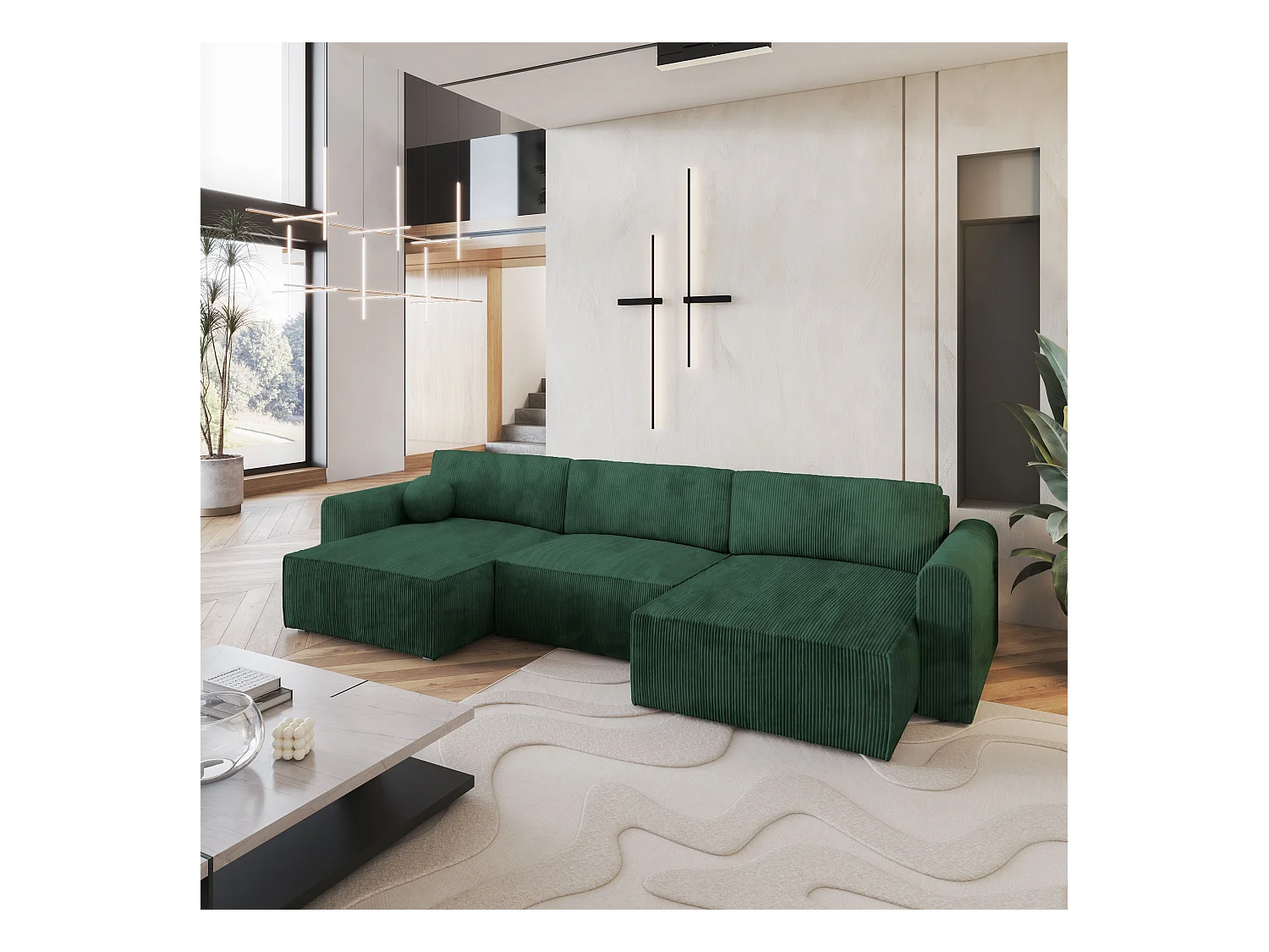 Canapé d'angle FENTO Vert Sapin en velours côtelé avec fonction de couchage