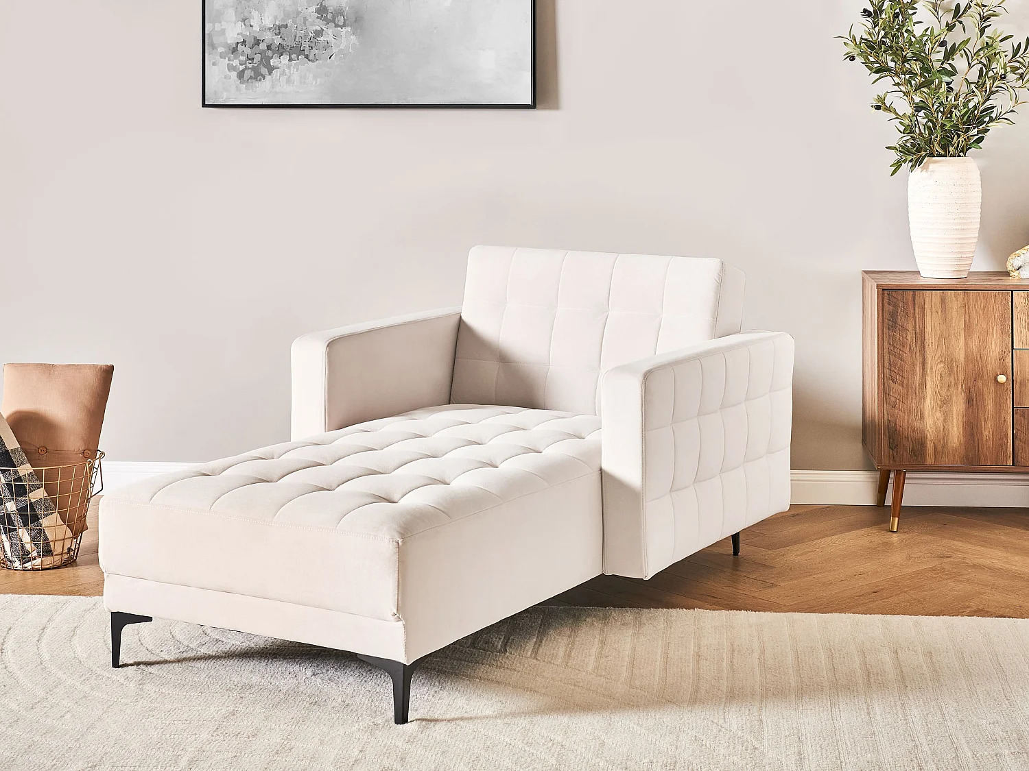 Chaiselongue Samt hell beige mit Schlaffunktion Metallgestell schwarz Aberdeen