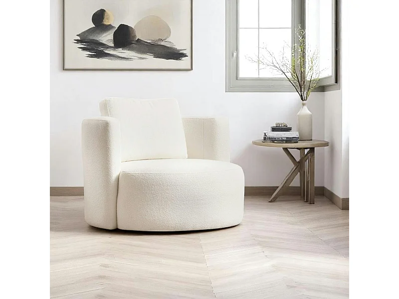 Fauteuil rond blanc crème - tissu bouclette LUCCA
