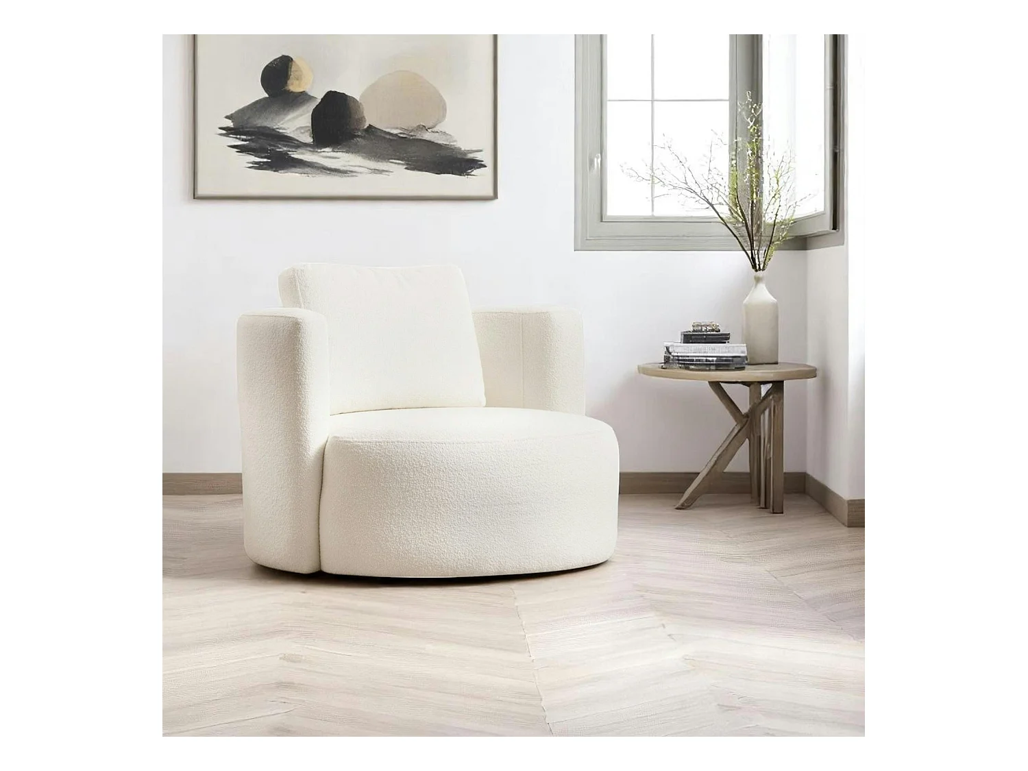 Fauteuil rond blanc crème - tissu bouclette LUCCA