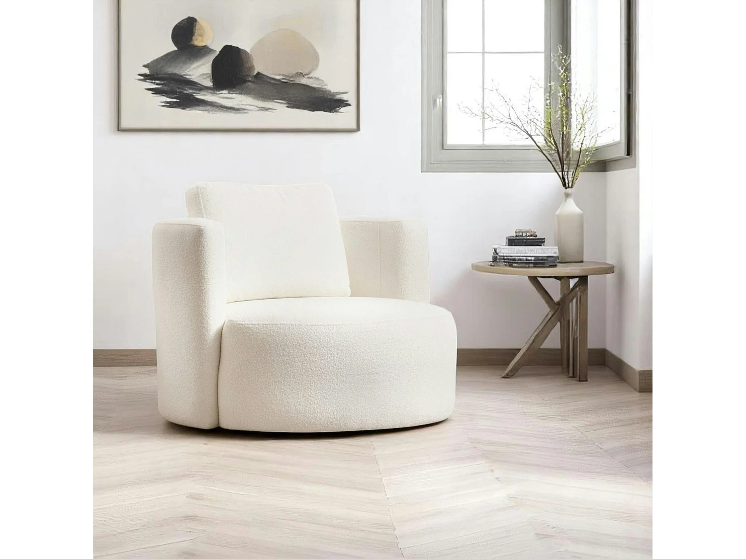 Fauteuil rond blanc crème - tissu bouclette LUCCA