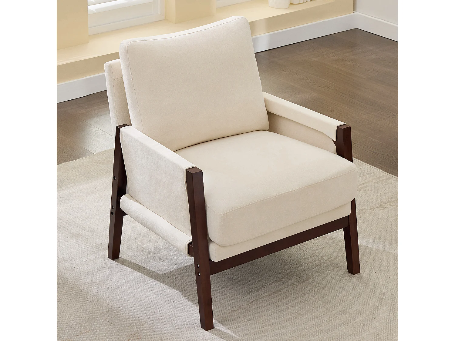 Fauteuil de salon, dossier cylindrique, coussin rembourré, pieds