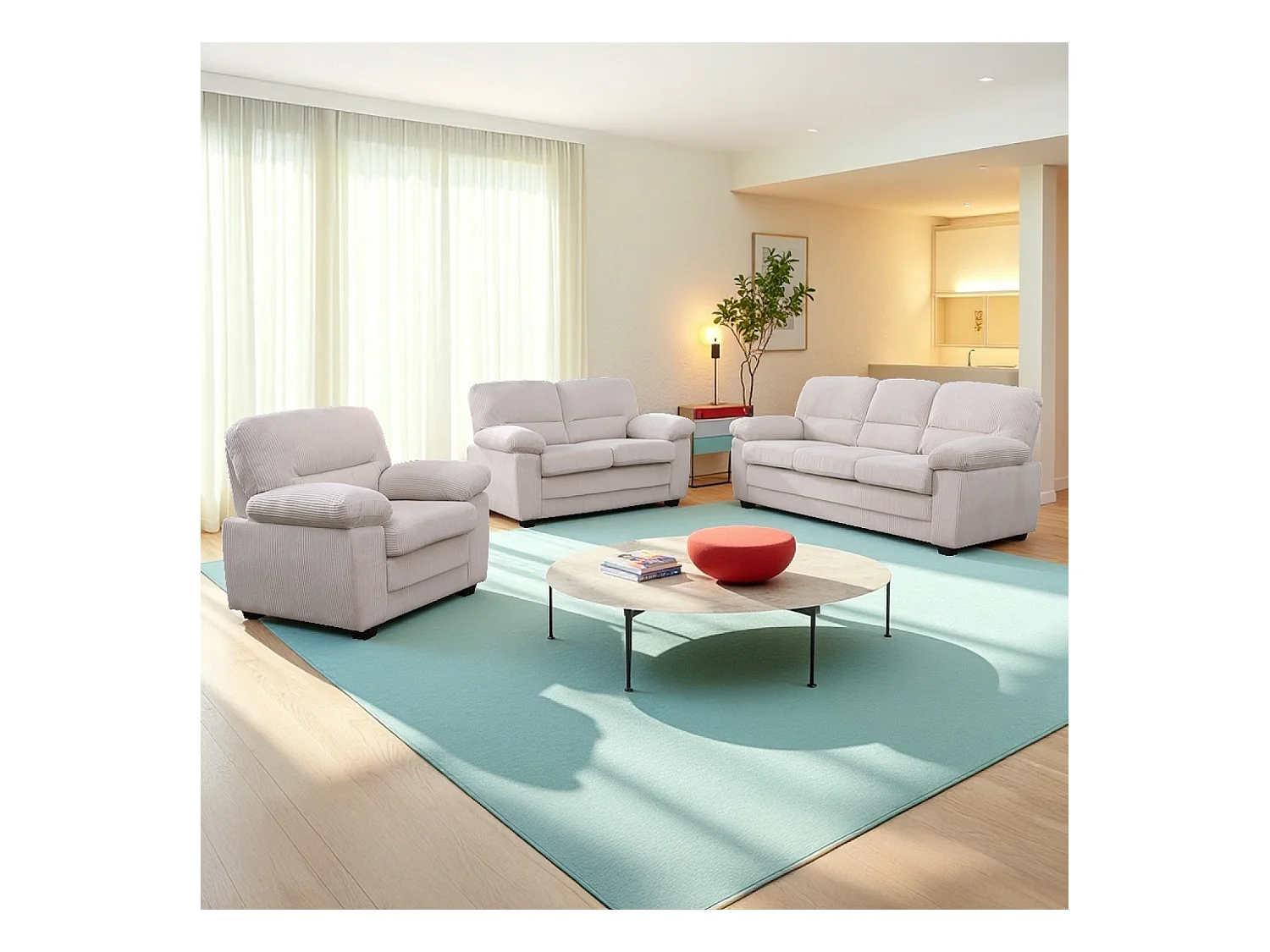 Ensemble canapé 3 places + 2 places + fauteuil en velours côtelé beige LINCOLN