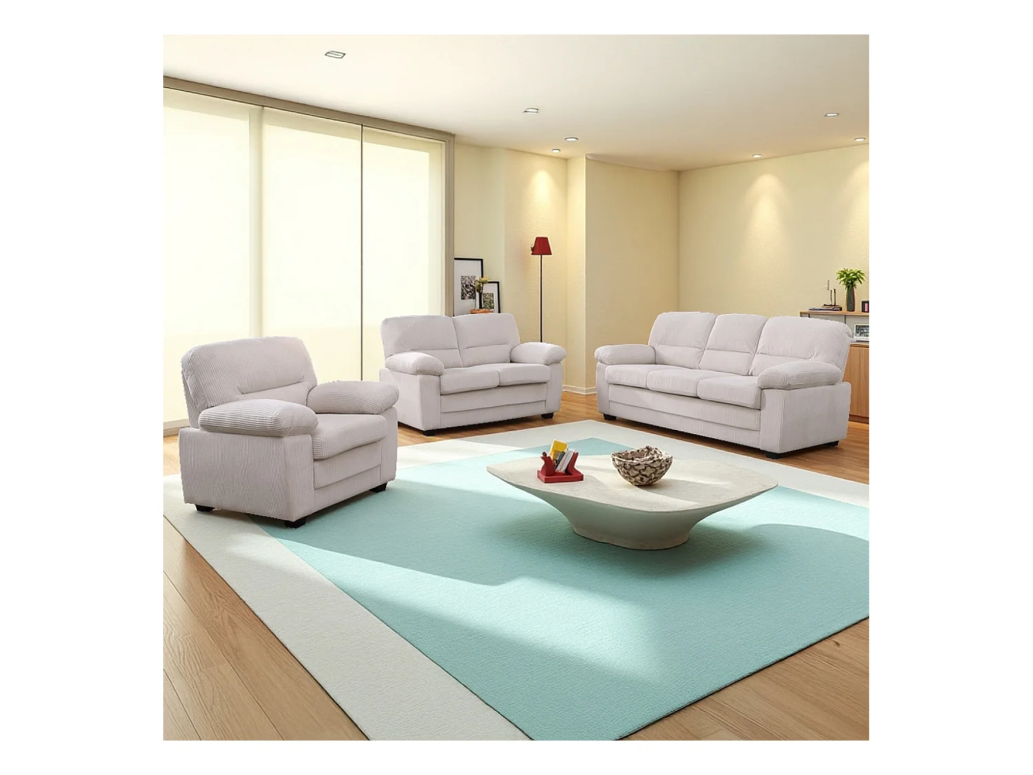 Ensemble canapé 3 places + 2 places + fauteuil en velours côtelé beige LINCOLN