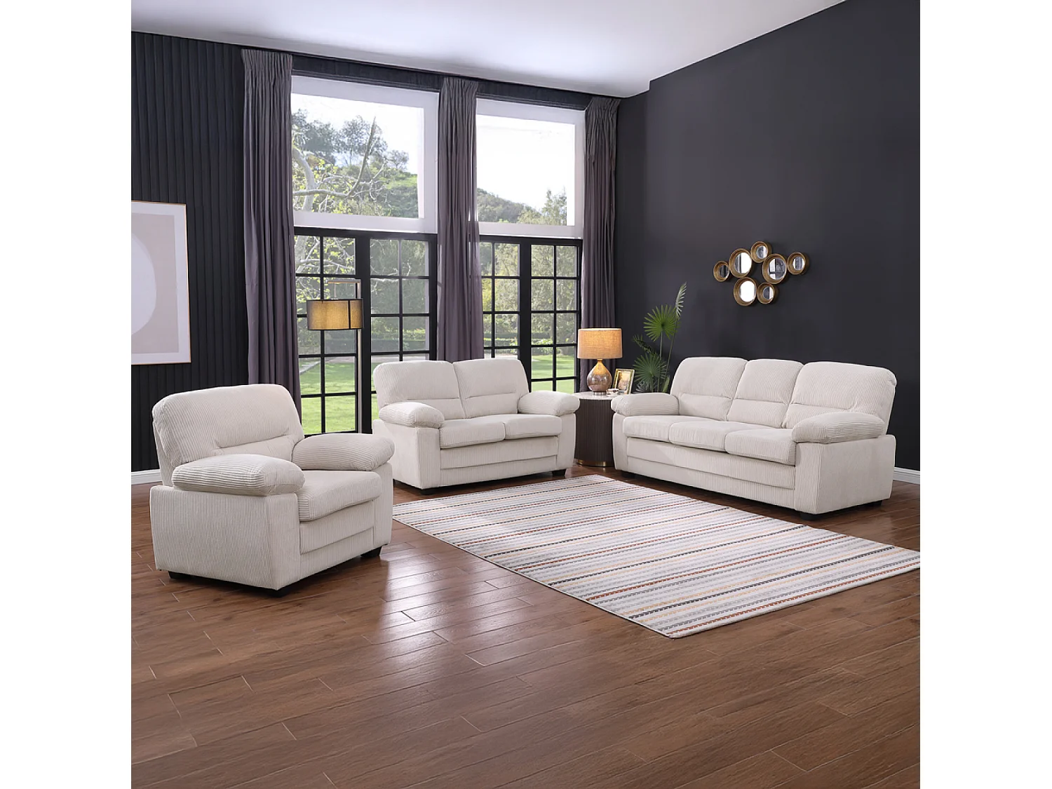 Canapé 3 places + 2 places + fauteuil en velours côtelé beige LINCOLN