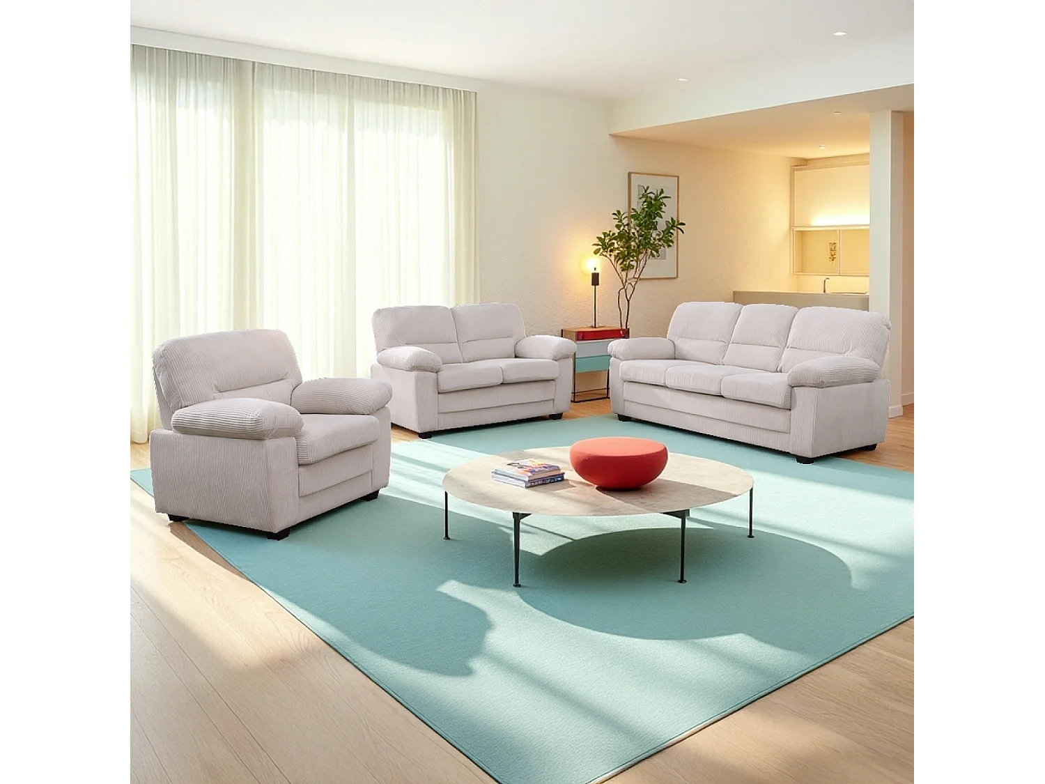 Canapé 3 places + 2 places + fauteuil en velours côtelé beige LINCOLN