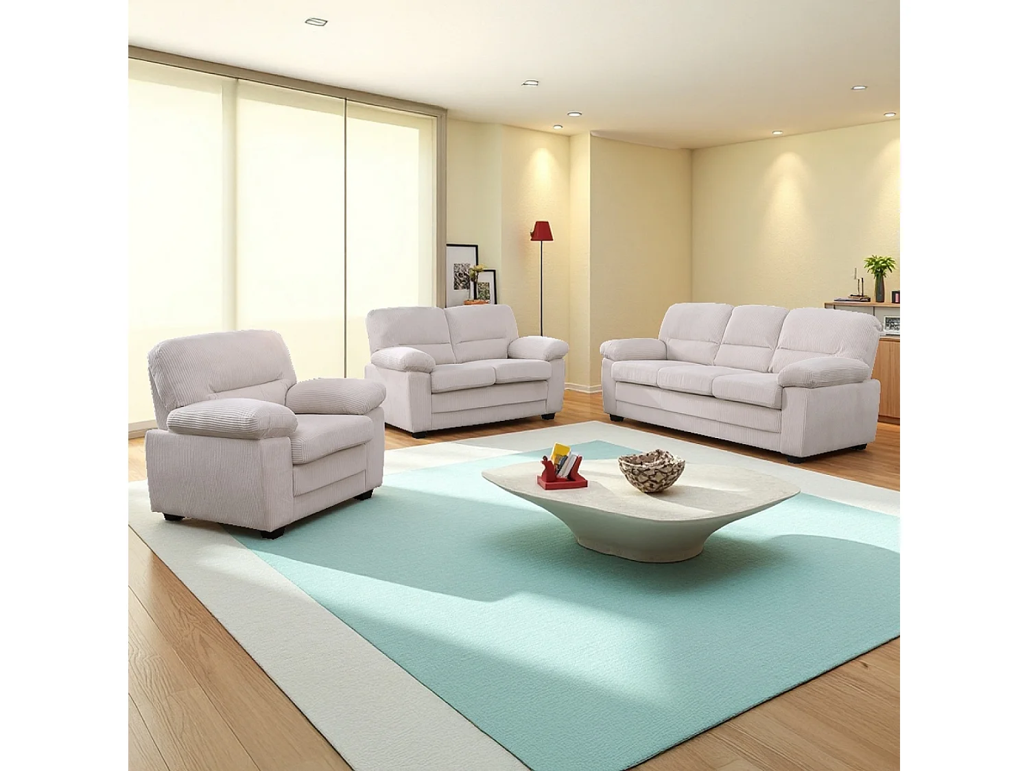 Canapé 3 places + 2 places + fauteuil en velours côtelé beige LINCOLN