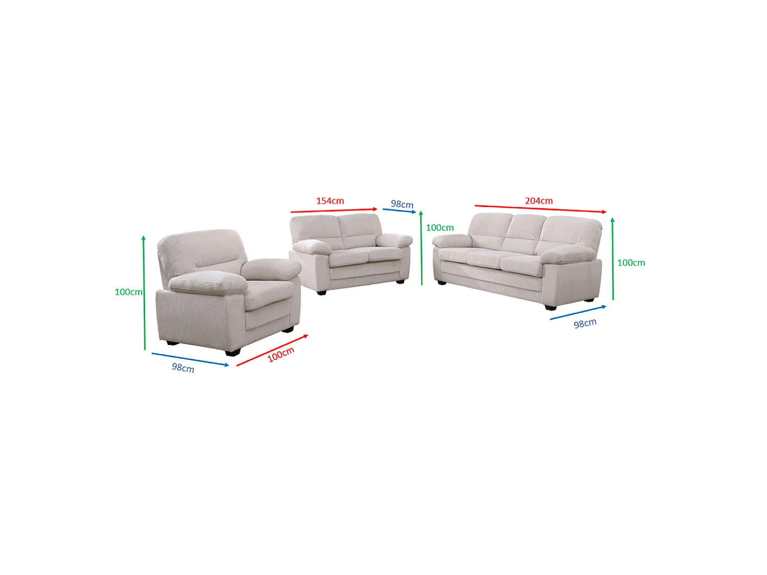 Canapé 3 places + 2 places + fauteuil en velours côtelé beige LINCOLN