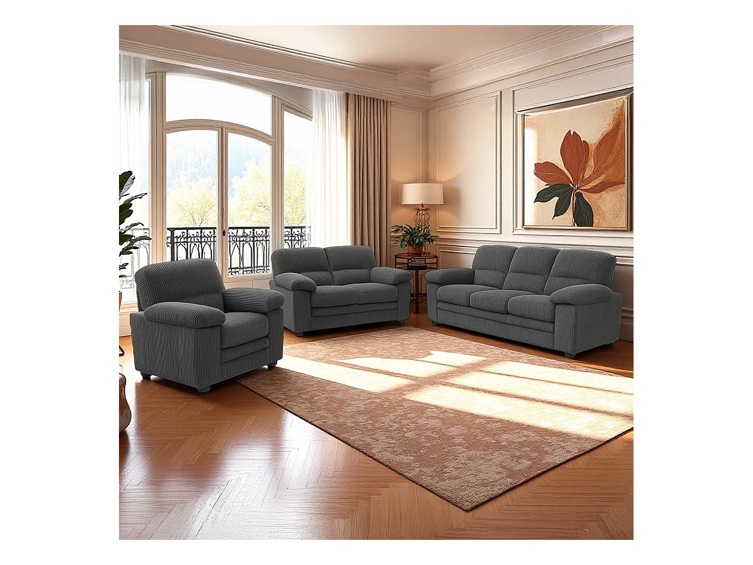 Ensemble canapé 3 places + 2 places + fauteuil en velours côtelé gris foncé LINCOLN