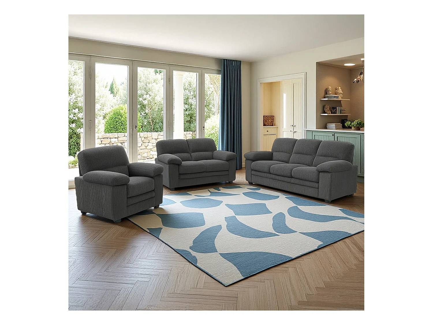 Ensemble canapé 3 places + 2 places + fauteuil en velours côtelé gris foncé LINCOLN