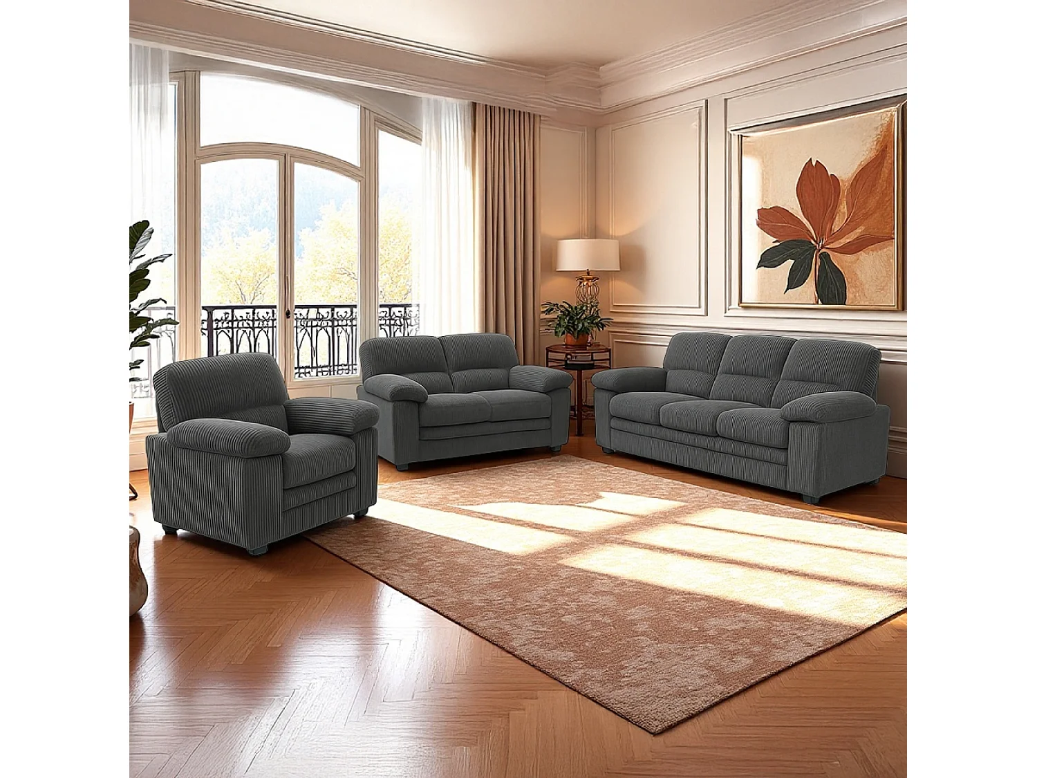 Bankstel Set 3-Zits + 2-Zits + Fauteuil Ribfluweel Donkergrijs