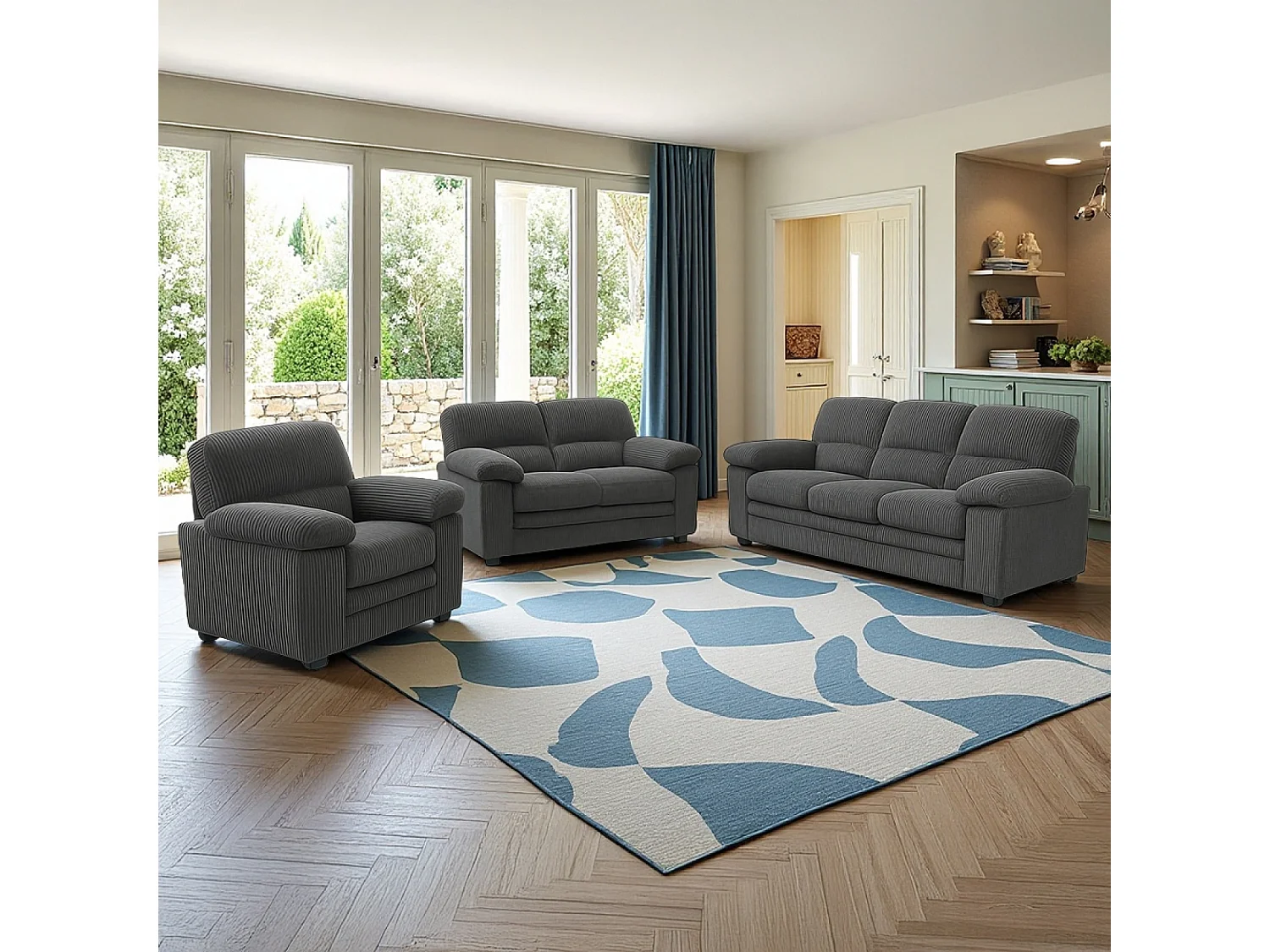 Bankstel Set 3-Zits + 2-Zits + Fauteuil Ribfluweel Donkergrijs