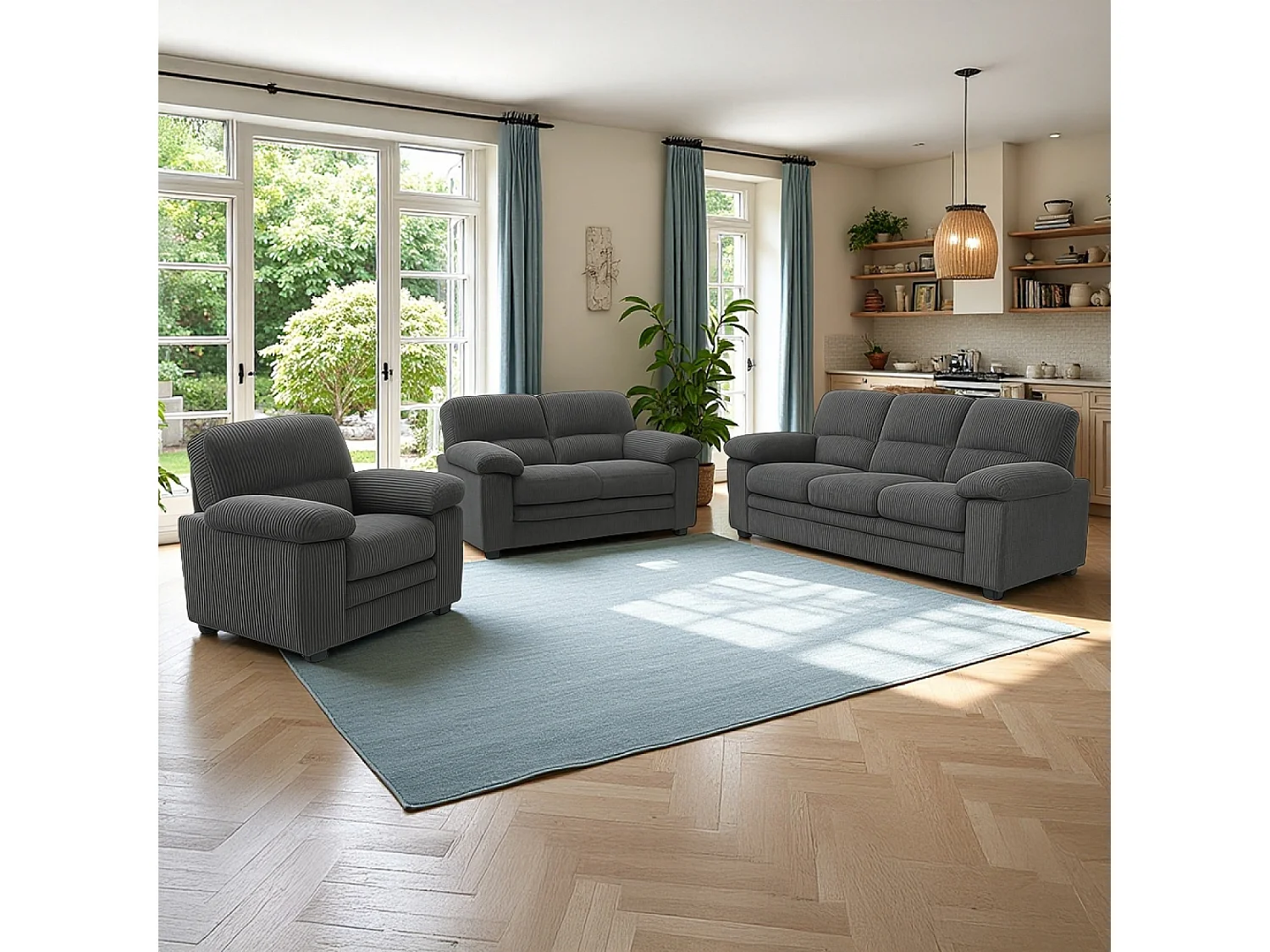 Canapé 3 places + 2 places + fauteuil en velours côtelé gris foncé LINCOLN