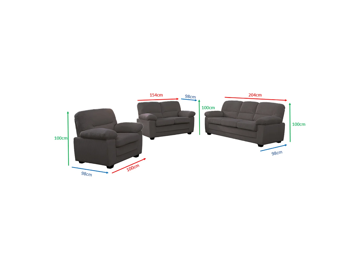 Canapé 3 places + 2 places + fauteuil en velours côtelé gris foncé LINCOLN